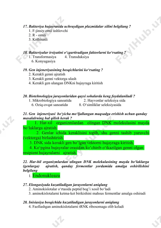 day fermentlar yordamida amalga oshirilishini belgilang 1. endonukleaza 27. elongasiyada kuzatiladigan jarayonlarni aniqlang 2. aminokislotalar o‘rtasida peptid bog’i xosil bo‘ladi 3. aminokislotalarni ketma-ket birikishini mahsus fermentlar amalga oshiradi 28. inisiasiya bosqichida kuzatiladigan jarayonlarni aniqlang 4. faollashgan aminokislotalarni trnk ribosomaga olib keladi 5. trnk o‘z antikodoni bilan irnk ni kodoniga birikadi 6. mahsus kadonlar (aug, gug, uug) dan biri ishtirok etadi 29. oqsil biosintezini 1-bosqichi-aminokislotalar faolligini oshishi bosqichida kuzatiladigan jarayonlarni aniqlang ? 1. aminokislotalarga atf birikib, ularning faolligi oshadi 2. atfning barcha energiyasi aminokislotalarga o‘tadi 3. aminokislotaga atf birikishida aminoasil-rnk-sintetaza fermenti qatnashadi