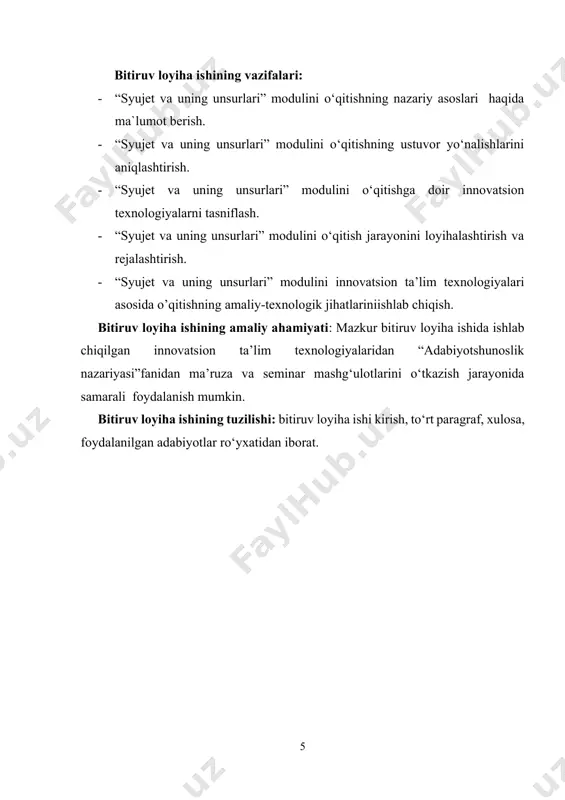 r yo‘nalishlari 1.1. syujet va uning unsurlari haqida ma'lumot hayotning badiiy ifodalashda va zurur g’oyani olg’a surishda syujetning roli nihoyatda kattadir. syujet badiiy asarning hamma turlariga ham bo’ladi. lekin har bir janrning syujeti o’ziga xosdir. chunonchi, kichik lirik she’rda ham ma’lum bir fikr oqimi mavjud. shu fikr oqimi she’rining o’ziga xos syujetini tashkil qiladi. fikrlar oqimi ko’zga ravshan tashlanadigan, uning ifodasida voqea – vaziyat yaratilgan she’rlar ham bo’ladi. bunday she’rlar voqeaband she’rlar yoki syujetli she’rlar deb yuritiladi (mirtemirning «opoqi» , «tarsaki» she’rlari kabi) syujetning klassik shakli, asosan dramatik, epik va liro-epik asarlarda uchraydi. syujet (fransuzcha syujet) – tasvirlanayotgan yoki bayon etilayotgan narsa degan ma’noni anglatadi. syujetga o’zbekcha qo’llanmalarda turlicha ta’rif beriladi. masalan, i.sultonov «adabiyot nazariyasi» kitobida «asarda hikoya qilanayotgan voqea «syujet» deb ataladi», deydi. prof. n.shukurov va dots. sh.xolmirzayevlar «obrazlarining o’zaro munosabatidan, kurashidan kelib chiquvchi, iroda yo’nalishini, xarakter xususiyatini namoyon qiluvchi voqealar silsilasiga syujet deyiladi» deb ta’rif berishadi («adabiyotshunoslikka kirish»). …