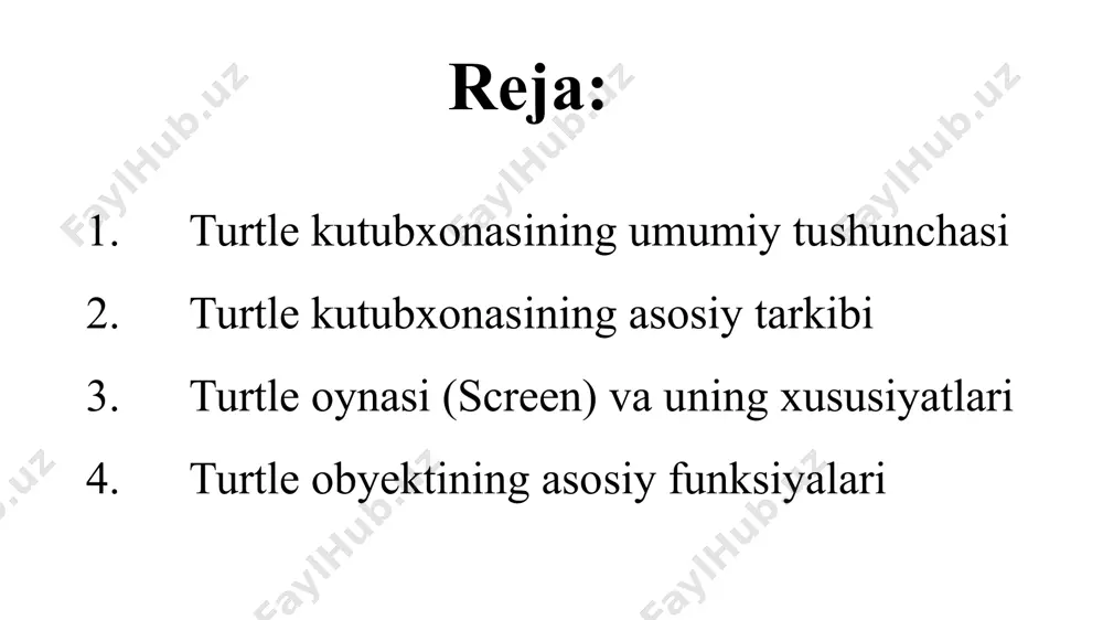 ni to‘ldirish. import turtle t = turtle.turtle() t.color("red") # chizma qizil rangda bo‘ladi t.fillcolor("yellow") # ichki qismi sariq bo‘ladi t.begin_fill() t.circle(50) # 50 radiusli aylana chizish t.end_fill() turtle orqali animatsiyalar yaratish mumkin. quyidagi funksiyalar harakatni boshqarish uchun ishlatiladi: goto(x, y) – turtleni (x, y) koordinatasiga ko‘chirish. setheading(a) – turtleni a daraja yo‘nalishga o‘rnatish. speed(n) – harakat tezligini o‘zgartirish (0 – eng tez). t.speed(3) # o‘rta tezlik t.goto(50, 50) # berilgan koordinataga borish kod oxirida oynani darhol yopilishdan saqlash uchun quyidagi buyruqlardan foydalaniladi: turtle.done() yoki screen.mainloop() import turtle t = turtle.turtle() t.speed(0) for i in range(36): t.circle(100) t.left(10) turtle.done() import turtle def parallelogram(x, y, eni, buyi, burchak): var.up() var.setposition(x, y) var.down() var.forward(eni) var.left(180 - burchak) var.forward(buyi) var.left(burchak) var.forward(eni) var.left(180 - burchak) var.forward(buyi) var = turtle.turtle() var.speed(3) parallelogram(0, 0, 300, 150, 30) var.hideturtle() turtle.done() import turtle as t def draw_line(x1, y1, x2, y2): t.penup() t.goto(x1, y1) t.pendown() t.goto(x2, y2) def draw_cube(): draw_line(-50, …