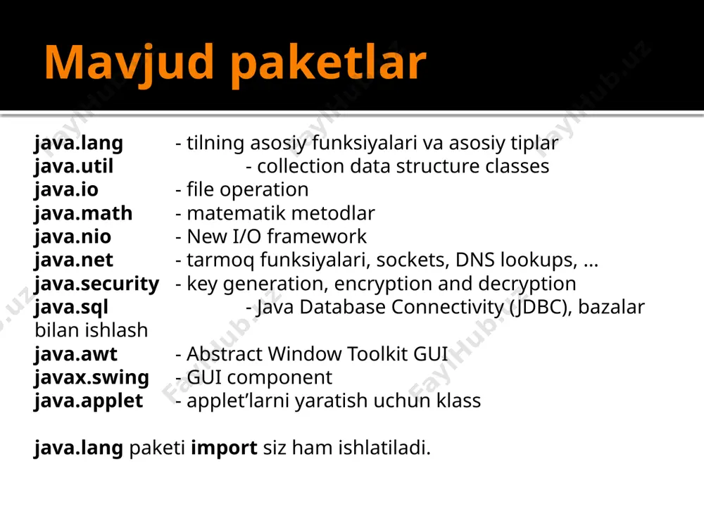 sslar joylashgan papkalar ko'rsatiladi yani package'lar. papkalar (:) bilan ajratilib yoziladi. classpath ga quyidagi /home/dedexes/programs/java:. papkalar ko'rsatiladi. bu yerda 2 ta papka mavjud: 1 - /home/dedexes/programs/java 2 - joriy popka (.), asosiy fayl /home/dedexes/programs/java/main ichida bo'lgani uchun joriy katalog ko'rsatiladi, chunki testpackage.java dan chiqadigan .class fayl /home/dedexes/programs/java/main ichida bo'ladi. paket yaratish 1-holar. dedexes@localhost:~/programs/java/main$ javac -classpath /home/dedexes/programs/java:. testpackage.java ishga tushirish dedexes@localhost:~/programs/java/main$ java -classpath /home/dedexes/programs/java:. testpackage paket yaratish 2-holar. dedexes@localhost:~/programs/java/main$ export classpath=/home/dedexes/programs/java:. dedexes@localhost:~/programs/java/main$ javac testpackage.java ishga tushirish dedexes@localhost:~/programs/java/main$ java testpackage jar bilan ishlash jar fayl – bu class larni bitta joyga yig’ish, qisqa qilib aytganda arxivlab qo’yadi. jar faylini yaratish oddiy buyrug’i: jar cf jar-filename input-files misol: jar cf my_classes.jar bir.class ikki.class jar bilan ishlash jar cvf project.jar myclass.class images v opsiyasi arxivlash jarayoni haqida to’liq ma’lumot beradi. added manifest adding: myclass.class(in = 462) (out= 291)(deflated 37%) adding: images/(in = 0) (out= 0)(stored 0%) adding: images/logo.gif(in = 4178) (out= 4001)(deflated 4%) jar …