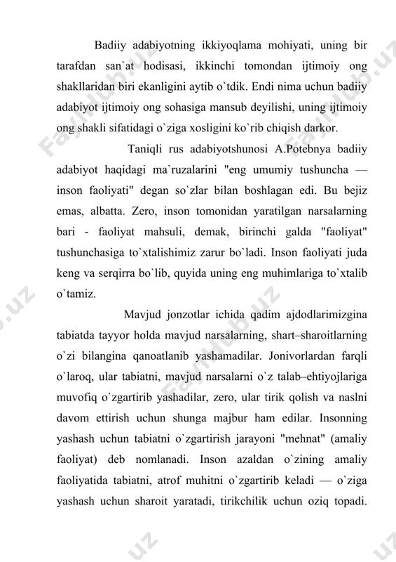 — amaliy(mehnat) va nazariy(ruhiy) faoliyat turlariga ajrala borgan. aslida bu ikki faoliyat turi bir-biriga bog`liq va har qanday insonda ular baqamti (faqat nisbati turlicha) kechadi. biroq kishilik jamiyati taraqqiyoti davomida, mehnatning bo`linishi natijasida hozirgi zamon kishisi haqida, uning faoliyati haqida gapirganda biz ko`pincha "jismoniy mehnat" va "aqliy mehnat" degan faoliyat turlarini ajratamiz. holbuki, bu o`rinda "ruhiy faoliyat" atamasining ishlatilgani ma`qul, chunki "aqliy mehnat" deb ataganimiz ruhiy faoliyatning bir qirrasi, xolos. haqiqatda ruhiy faoliyatning o`zi "aqliy" va "hissiy" qirralarga ega bo`lib, bu ikkisi tanganing ikki tomonidek, har vaqt bir–birini taqozo etadi. zero, inson dunyoni bilishga intilarkan unga(konkret narsa-hodisaga) muayyan hissiy munosabatda bo`ladi, o`z navbatida dunyo uning hislariga ta`sir qiladi. ikkinchi tomondan, ijtimoiy mahluq sifatida inson muloqot ehtiyojini, o`z hislarini ifodalash ehtiyojini tuyadi. ya`ni, bu ehtiyoj ahamiyati jihatidan yashash va nasl qoldirish uchun tabiatni o`zgartirish ehtiyojidan aslo kam bo`lmagan tabiiy ehtiyojdir. inson o`zining tabiat bilan munosabatlari natijasi o`laroq yuzaga kelgan eng ibtidoiy …