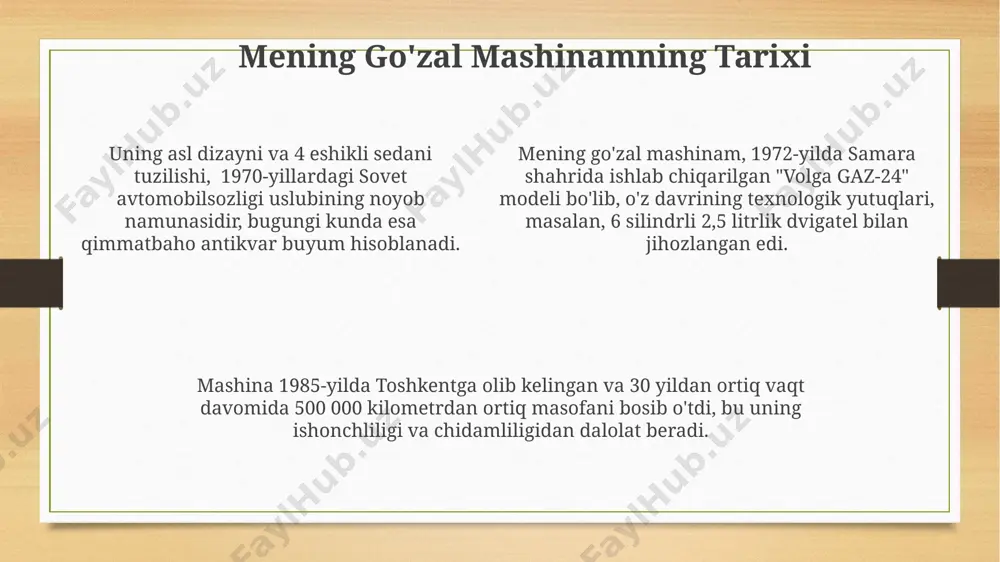tig‘i bilan jihozlanganligi, yo‘l-transport hodisalarida haydovchi va yo‘lovchilarni himoya qilish darajasini sezilarli darajada oshiradi. yangi avlod dvigatelining 150 ot kuchiga ega bo‘lishi va yonilg‘i sarfini 1 litrga 10 kilometrga kamaytirishi, samarqanddan buxorogacha bo‘lgan masofani yanada tejamli qiladi. toshkent shahridagi "uzauto motors" zavodida ishlab chiqarilgan yangi avtomashinani 2023-yilgi texnologiyalari bilan jihozlanganligi uning ishonchliligi va samaradorligini 30% ga oshirdi. ishga tushurish va boshqarish машинани бошқариш панелида 5 та тугмача мавжуд бўлиб, улардан 2 таси тезликни, 3 таси эса температурани назорат қилади. бу панель германиядан олиб келинган. системанинг ишга тушиши ва бошқарилиши учун 10 квт қувватли электр энергияси талаб этилади. бу параметрлар истанбулдаги мутахассислар томонидан текширилган. ишга тушириш жараёни 3 та асосий босқичдан иборат бўлиб, улардан биринчиси 220в кучланишни таъминлаш, иккинчиси эса тошкент шаҳридаги етказиб берувчидан келган сигнални қабул қилишдир. e'tiboringiz uchun rahmat @taqdimot_robot image3.png image4.png