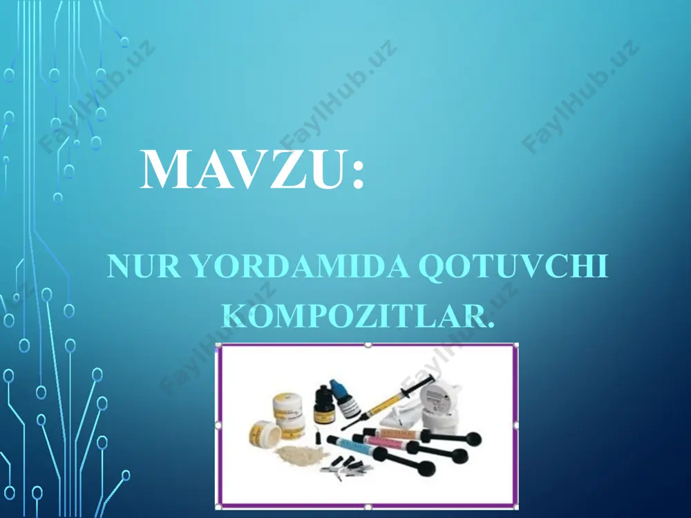 ur bilan qotuvchi kompozitlarning kimyoviy asosda qotuvchi kompozitlardan afzalligi: - kompozitlarni o'zaro aralashtirilishini talab etmaydi; - ish davomida o'z yopishqoqligini o'zgartirmaydi; - ish davomida turli rangdagi va tiniqlikdagi ashyolarni kombinatsiya usulida foydalanish imkoniyatini beradi; - polimerlash «buyruk», ya’ni vrach ixtiyoriga bog'liq ravishda yuzaga keladi; - «qoldiqsiz», ya’ni kerakli miqdordagi ashyoni olgan xolda ishlash imkonini beradi; - kimyoviy komponentlar ta’sirida qoraymaydi; - nur asosida yuqori polimerizatsiyaga erishiladi. zamonaviy nur bilan qotuvchi kompozit ashyolari qavatma-qavat qo'yilganda tish bilan mustahkam bog'liqlik hosil qiladi, bu esa karioz bo'shlikni to'lik tozalanmaganda, yoki quyilgan ashyo ustiga so'lak tushganda, bunday mustaxkamlikni amalga oshirib bo'lmaydi. stomatologik xonaning xarorat sharoitiga xam katta e’tibor beriladi. ba’zi kompozitlar optimal xarorat sharoitida (21dan 24°©) ishlashni talab etadi. agarda xona xarorati 21°©dan past bo'lsa, kompozit ashyosini qavatma-qavat birikish qobiliyati pasayadi. agarda xona xarorati 24°© dan yuqori bo'lsa, kompozit oquvchan bo'lib, asbobga yopishishi kuchayadi, plastikligi kamayadi. bunday ashyo polimerizatsiyalanganda u to'liq amalga oshmaydi va …