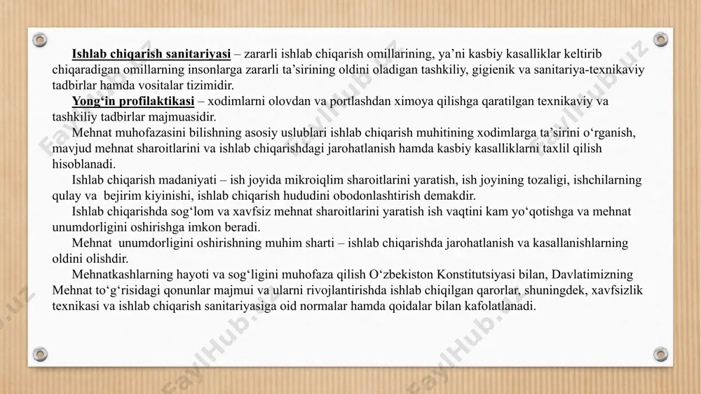 arda mehnatni muhofaza qilish ishlarini tashkil etishning yagona tartibini belgilaydi, hamda fuqarolarning sog’ligi va mehnatining muhofaza qilinishni ta’minlashga qaratilgan. “mehnatni muhofaza qilish to’g’risida”gi qonun 1-7 moddalarida umumiy koidalar 8-15 moddalarida mehnatni muhofaza qilinishini ta’minlash 16-21 moddalarda ishlovchining mehnatini muhofaza qilishga doir xuquqlarining kafolatlar 77-87 moddalarda ishga qabul qilish va dastlabki sinov muddati mehnat shartnomalari shartnomasining mazmuni, shakli, muddati 73-76 moddalarda 22-29 moddalarda mehnatni muhofaza qilishga doir qonunlar va me’yoriy xujjatlar ustidan davlat va jamoatchilik nazorati mehnat shartnomalarining bekor qilinishi 97-113 moddalar mehnat shartnomasini g’ayriqonuniy ravishda bekor qilishda yoki xodimni g’ayriqonuniy ravishda boshqa ishga o’tkazishda aybdor bo’lgan mansabdor shaxs zimmasiga moddiy javobgarlik yuklash 274 moddada xalq sudlari 267-269 moddalarda mehnat nizolari, mehnat nizolarini ko’rib chiqadigan organlar 260 moddada davlat ijtimoiy sug’urtasi masalalari 282-288 moddalarida mehnat nizosini xal qilishni so’rab murojaat etish mud-datlari 270 - moddada boquvchisini yo’qotganlik nafaqasi 291 moddada ko’rsatilgan davlat ijtimoiy sug’urtasi hisobidan beriladigan ta’minot turlari 284 modda qarilik …