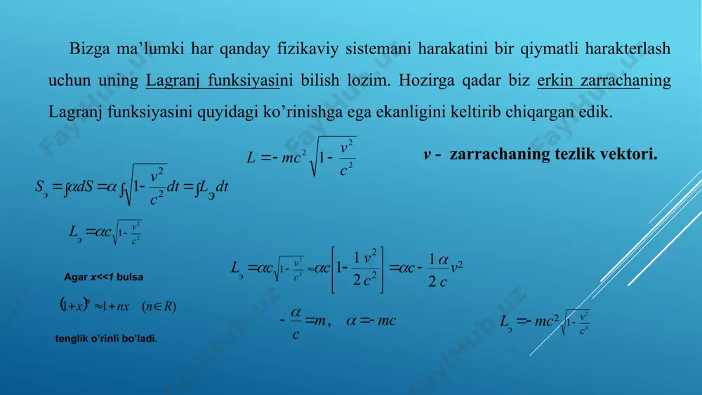 g bo’lishi kerak edi. lekin bu natija nisbiylik nazariyasining natijalariga zid. demak, bu masalani relyativistik dinamikaning asosiy tenglamasidan kelib chiquvchi (1.4.2) ga binoan taxlil qilishga o’tamiz. endi (1.4.2) ni yechishga o’tamiz. relyativistik zarra tezligini parametrik ko’rinishda ifodalaydi. bundan vektorning o’zgarish qonuniyatini topish qiyin. buni grafikda tasvirlaymiz t0 v0 natija: 1. agar klassik va relyativistik zarracha bir xil doimiy kuch ta’sir qilsa bir xil vaqt momentida relyativistik zarrachaning tezligi klassik zarrachaning tezligidan kichikroq bo’ladi. bunga sabab relyativistik zarraning og’irroq bo’lib borishidir 2. ko’rinib turibdiki hech qanday zarrachaning tezligini yorug’lik tezligiga teng tezlikgacha tezlashtirib bo’lmaydi, buning uchun cheksiz vaqt lozim bo’lar edi. image1.wmf image2.wmf image3.wmf image4.wmf image5.wmf image6.wmf image7.wmf oleobject5.bin oleobject6.bin oleobject7.bin oleobject1.bin oleobject2.bin oleobject3.bin oleobject4.bin image8.wmf image9.wmf oleobject8.bin oleobject9.bin image10.wmf image11.wmf image12.wmf oleobject10.bin oleobject11.bin oleobject12.bin image13.wmf oleobject13.bin image14.wmf image15.wmf image16.wmf image17.wmf image18.wmf image19.wmf oleobject18.bin oleobject19.bin oleobject14.bin oleobject15.bin oleobject16.bin oleobject17.bin image20.wmf image21.wmf image22.wmf oleobject20.bin oleobject21.bin oleobject22.bin image23.wmf image24.wmf image25.wmf image26.wmf image27.wmf image28.wmf …