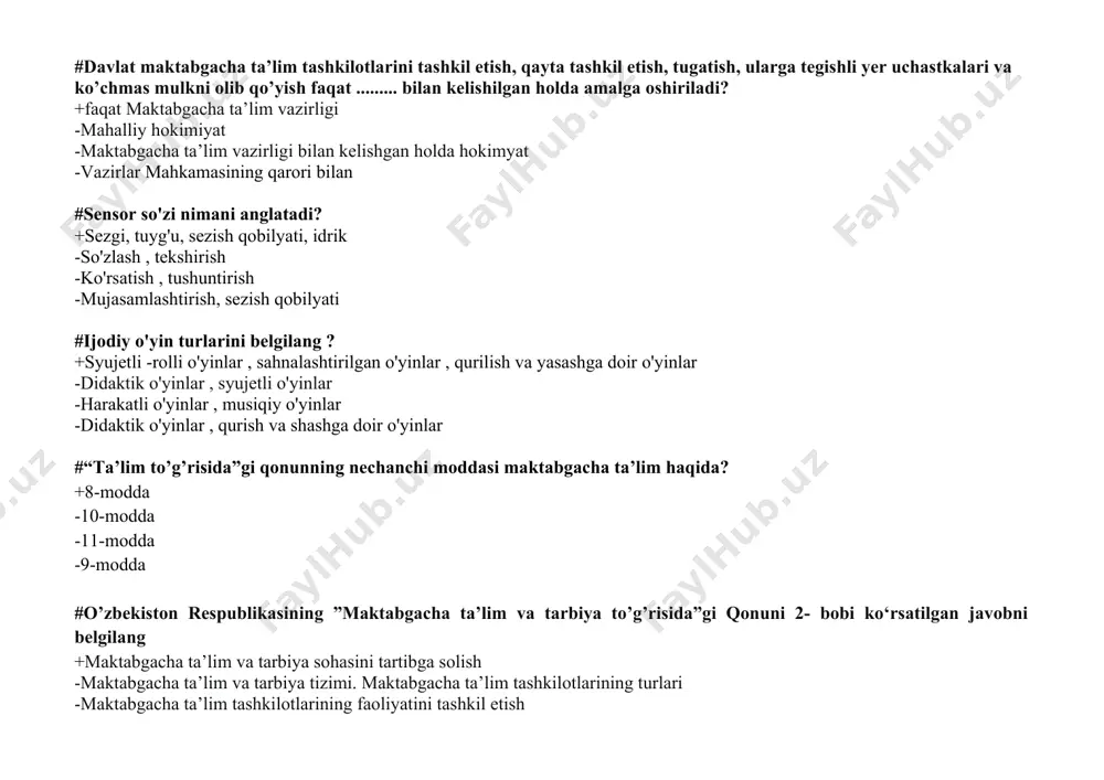 ta’lim tashkilotlarida ta’lim-tarbiya jarayonini tashkil etish #maktabgacha ta’lim muasasalari guruxlarida rivojlantiruvchi markazlar soni nechta? +5 ta -6 ta -4 ta -9 ta #bolaning rivojlanish xaritasi bir yilda necha marotaba to’ldiriladi +bir yilda 3 marta -har chorakda -bir yilda 2 marotaba -to’ldirilmaydi #takomillashtirilgan ”ilk qadam” davlat o’quv dasturi asosida katta (5-6yoshgacha) guruhdagi bolalar faoliyati turlari miqdori haftada nechta mashg’ulot rejalashtirilgan? +18 ta -19 ta -14 ta -15 ta #takomillashtirilgan ”ilk qadam” davlat o’quv dasturi asosida kichik (3-4 yoshgacha) guruhdagi bolalar faoliyati turlari miqdori haftada nechta mashg’ulot rejalashtirilgan? +14 ta -15 ta -18 ta -19 ta #takomillashtirilgan ”ilk qadam” davlat o’quv dasturi asosida o’rta (4-5 yoshgacha) guruhdagi bolalar faoliyati turlari miqdori haftada nechta mashg’ulot rejalashtirilgan? +15 ta -18 ta -19 ta -14 ta #takomillashtirilgan ”ilk qadam” davlat o’quv dasturi asosida maktabga tayyorlov (6-7yoshgacha) guruhdagi bolalar faoliyati turlari miqdori haftada nechta mashg’ulot rejalashtirilgan? +19 ta -18 ta -15 ta -14 ta #maktabgacha yoshdagi …