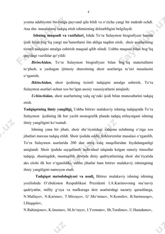 atlari 1.1. xalq poetik ijodi va shoir she’riyati adabiyotda xalqchillik masalasi doimo adabiyotshunoslarning diqqat markazida bo‘lib kelgan. xalqonalik asarga ba’zida jo‘nlik olib kelsa, uni san’atkorona qo‘llash asarning ulug‘vor bo‘lishini ta’minlaydi. shoir asarlarida dastlab folklordan ta’sirlanish tarzida kuzatilgan xalq og‘zaki ijodi bilan aloqa keyinchalik to‘ra sulaymon folklorizmi shakllanishiga zamin bo‘ldi. o‘zbek adabiyotshunosligida folklor hamda yozma adabiyot aloqalari masalasi chuqur o‘rganilgan. xususan, folklorizm tushunchasi tadqiqiga doir b.sarimsoqov1 , i.yormatov2 , o.sobirov kabi olimlarning tadqiqotlarida bu masala atroflicha tahlil etilgan. folklorshunos g‘.mo‘minov , d.xoliqovalar xx asr 70-80- yillari o‘zbek adabiyotida folklorizm hodisasini o‘rgangan bo‘lsalar-da, ularda bu yillar o‘zbek she’riyatidagi folklorizmlar tabiatini o‘rganishga yetarlicha ahamiyat berilmaganligi ko‘zga tashlanadi. bu yo‘nalishda eng so‘nggi tadqiqotlardan biri folklorshunos l.sharipovaning “xx asrning 70-80- yillari o‘zbek she’riyatida folklorizm” nomli ishi davr folklorizmi tabiati borasida qimmatli ma’lumotlarni taqdim etadi. o‘tgan asrning 80-yillarida b.sarimsoqov tomonidan tasniflangan folklorizmlarning tuzilishi hamda badiiy asar syujetidagi o‘rniga ko‘ra turlari bugunga qadar o‘zbek adabiyotida folklorizm masalasi …