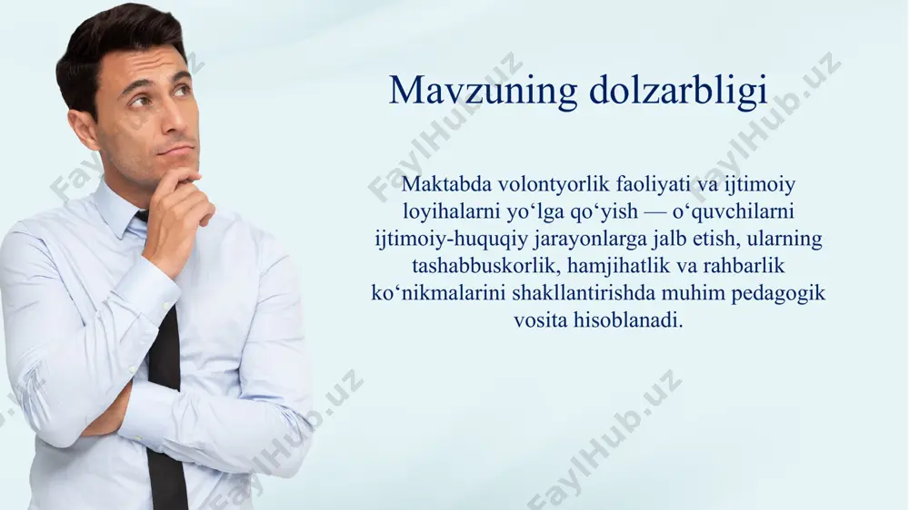 bir o‘quvchi jamiyat oldida ijtimoiy mas’uliyatga ega shaxs sifatida shakllantiriladi. o‘quvchilar doimiy ravishda mahalliy muassasalarda (kutubxona, poliklinika, qariyalar uyi) yordamchi sifatida qatnashadi. “ijodiy xizmat haftaligi” kabi tadbirlar maktab kalendariga kiritilgan.volontyorlik orqali hurmat, intizom, jamoaviylik va sabr-toqat kabi qadriyatlar mustahkamlanadi. t/r amaldagi holat (o‘zbekistonda) xorijda taklif 1 o‘zbekistonda volontyorlik faoliyatining metodik asoslari yetarlicha ishlab chiqilmagan; amaliyotga yo‘naltirilgan darslar, tahliliy mashg‘ulotlar, portfoliolar, kuzatuv va monitoring mexanizmlari hali keng joriy qilinmagan. yaponiya esa volontyorlik orqali ijtimoiy qadriyatlarni – hurmat, tartib, jamoaviylikni shakllantirishga urg‘u beradi. volontyorlikni o‘rgatuvchi seminarlar, treninglar, reflektiv yozuvlar, muammoli vaziyatlarni hal qilish mashg‘ulotlarini darsdan tashqari ishlar doirasida tizimli tashkil etish. 2 o‘zbekistonda esa volontyorlik faoliyati hali maktab miqyosida tizimlashtirilmagan, ko‘proq epizodik tadbirlar, aksiyalar shaklida olib boriladi. u maktab tarbiyaviy ishlar rejasi tarkibida mavjud bo‘lsa-da, mustaqil modul yoki dastur sifatida ajratilmagan. shvetsiyada volontyorlik faoliyati ta’lim tizimining tarkibiy qismi sifatida ko‘riladi. “service learning” (xizmat orqali o‘rganish) yondashuvi asosida volontyorlik o‘quvchilarning kompetensiyalarini rivojlantirish vositasi …