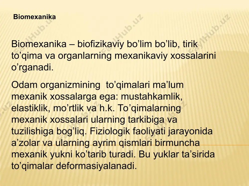 kesimi o’lchanadi. fiziologik kesim muskulni tashkil etuvchi barcha tolalarning yig’indisiga tengdir. muskullar ishining 2 xil rejimi bo’ladi: izometrik izotonik tayanch harakat apparati. skelet suyaklari odamning tayanch-harakat apparati skeletning bir-biri bilan birlashgan suyaklaridan iborat bo’lib, bu suyaklarga ma’lum nuqtalarda muskullar birikkan bo’ladi. skelet suyaklari richaglar kabi ishlaydi. ular bitishmalarda tayanch nuqtaga ega bo’ladi va muskullarning tortishish kuchi ta’sirida harakatga keltiriladi, tortishish kuchi esa muskullarning qisqarishidan paydo bo’ladi. richaglar. qo’zg’almas aylanish o’qiga ega bo’lgan qattiq jism richag deb ataladi. o’zaro joylashuviga qarab 2 tur richaglar farqlanadi. 1-tur richag. kuch tayanch nuqtasining ikkala tomoniga qo’yilgan. muvozanat sharti: mn: bosh skeleti 1-umurtqa bilan qo’shilgan joyi. r - bosh skeleti og’irlik kuchi f - muskullarning tortilish kuchi 2-tur richag. kuchlar tayanch nuqtasidan bir tomonga qo’yilgan. a) f kuch richagning o’ziga; r kuch tayanch nuqtasining yaqiniga qo’yilgan. a > b, shuning uchun f r ya’ni ko’chishdan yutiladi, kuchdan yutqaziladi. bunday richag tezlik richagi deyiladi. mn: bilak …