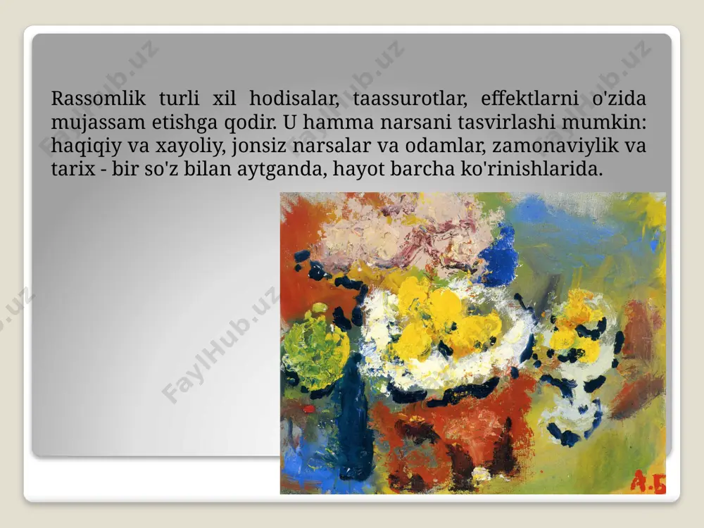 lin (pastoz), suyuq (lessirovkalar) va boshqalar bilan yozish mumkin. boshqa texnikalarga qaraganda yaxshiroq, bu sizga hajm va makonni, to'qimalarning xilma-xilligini, boy rang effektlarini, ekspresivlikni va yozuv dinamikasini etkazishga imkon beradi rassomga shoshilmang (fresk kabi) u chiroyli porloq yuzaga ega, ammo vaqt o'tishi bilan u xiralashadi, sarg'ayadi, yoriqlar bilan qoplanadi, bu tempera bilmaydi moyli monotipiya texnikasi и.к. айвазовский. радуга винсент ван гог. звездная ночь в. хеда. натюрморт moyli monotipiya texnikasi akvarel fr tomonidan. aquarelle-suvli, latdan. aqua-suv frantsuz tilidan gouache. gouache, ital. guazzo-suv bo'yog'i, chayqalish suvda eriydigan bo'yoqlar - "suv texnikasi" akvarel uchun asos-bu maxsus loyqa smear shakliga erishish uchun ko'pincha suv bilan oldindan namlangan qog'oz akvarel shaffof, tuzatishlarga toqat qilmaydi, chunki u tezda qog'ozga singib ketadi, tarqaladi akvarel g'ayrioddiy tazelik, yengillik taassurotini yaratadi texnika qadimgi misr va xitoyda ma'lum bo'lgan gouache-akvareldan olingan bo'yoq siz qog'oz, karton, kontrplak, astarlangan tuval, mato ustida ishlashingiz mumkin texnik jihatdan akvarelga yaqin, ammo shaffof emas, tuzatishga …