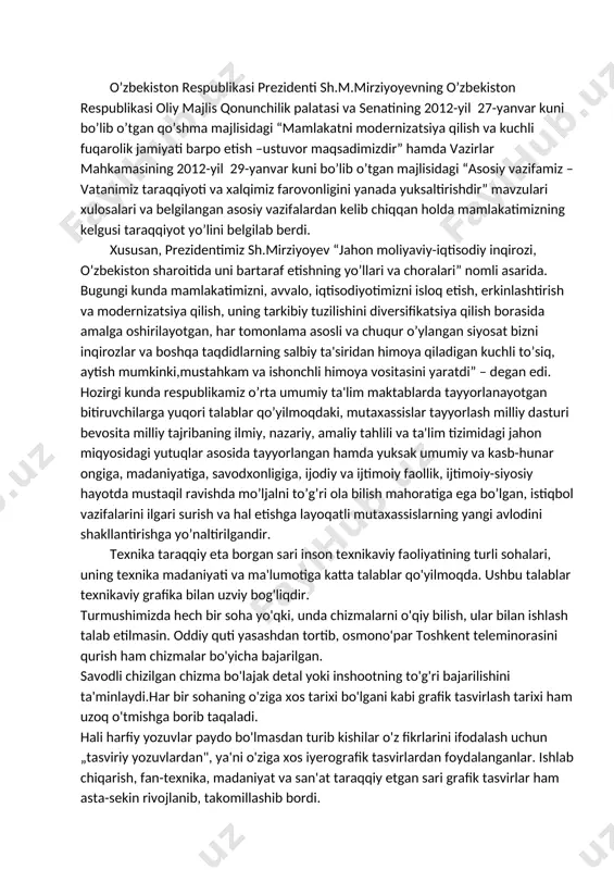 qlingiz lol qoladi. obidalarning aniq o'lchamiar asosida bunyod etilgani, har bitta naqshda o'zgacha jilo aks etib turgani sizni o'ylantiradi, nahotki, bular inson aqli va qo'li bilan yaralgan, deya xayolga tolishingiz tabiiydir. ha, bular ajdodlarimiz, buyuk bobokalonlarimiz tafakkuri mahsuli bo'lib, ularning aql-zakovatlari jahonning ulug' olimlarini hamon hayratga solib kclmoqda. hozirgi kunda bu yodgorliklar jahon madaniyatining durdonalari safidan o'rin egallagan. tarixiy manbalardan ma'lumki, abu nasr forobiy o'z ishlarida doimo chizmalarga murojaat qilgan. texnikaning rivojlanishida abu ali ibn sinoning o'z o'mi bor. uning yuk ko'taravchi mexanizmlari takomillashgan zamonaviy texnikani eslatadi. tasvirlash usullarining mukammallashuvida jahonning yevropa mamlakatlari, ayniqsa, germaniya va rossiyaning ixtiroerri olimlarining xizmatlari alohida o'rin tutadi. germaniyaning manxaym shahri avtomobilsozlik korxonasi muzeyida saqlanayotgan velosipedning asl nusxasi va uning chizmasini nemis mexanigi ixtiro qilgan. yog'ochdan yasalgan birinchi velosipedning chizmasi hozirgi zamon chizmasidan kam farq qiladi. gaspar monj o'zining va boshqa olimlarning fazoviy metrik masalalarni grafik usul bilan yechishda erishilgan yutuqlarni bir sistemaga soldi. shunday …