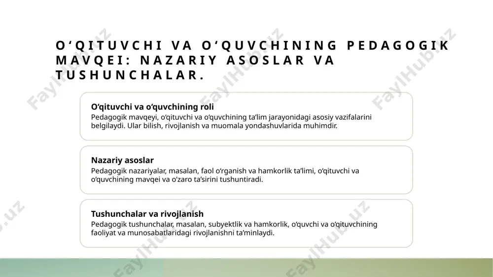muvozanat muvofiqlik va muvozanat, hamkorlik asosida tashkil topadi. bu, o‘qituvchi va o‘quvchi o‘rtasida samarali va barqaror ta’lim muhitini yaratadi. tarixiy va madaniy kontekstda pedagogik mavqe: o‘zbekiston ta’lim muhitida o‘qituvchi va o‘quvchi. 1 tarixiy meros o‘zbekiston ta’lim tarixida sovet davri va mustaqillik yillarida pedagogik mavqe o‘zgarib, milliy ma’naviyat va zamonaviy texnologiyalar bilan boyitildi. 2 madaniy xususiyatlar mahalliy madaniyat va an’analarga asoslangan ta’lim muhitida o‘qituvchi va o‘quvchi o‘rtasidagi munosabatlar, o‘zaro hurmat va ishonch bilan shakllanadi. 3 rivojlanish yo‘llari tarixiy va madaniy kontekstda pedagogik mavqe rivojlanish uchun innovatsion yondashuvlar, milliy qadriyatlar va xalqaro tajribalar muhim ahamiyat kasb etadi. zamonaviy pedagogik yondashuvlar va subyekt pozitsiyasining rivojlanishi. innovatsion yondashuvlar shaxsiylashtirilgan ta’lim texnologik integratsiya zamonaviy pedagogik yondashuvlar texnologik rivojlanish va global o‘zgarishlar bilan bog‘liq bo‘lib, shaxsga yo‘naltirilgan, faol va interaktiv ta’limni ta’minlaydi. o‘quvchilarning individual ehtiyojlari va qobiliyatlarini inobatga olgan pedagogik yondashuvlar, ularning muvaffaqiyat va motivatsiyasini oshiradi. zamonaviy texnologiyalar, masalan, onlayn platformalar va interaktiv vositalar, ta’lim jarayonini …