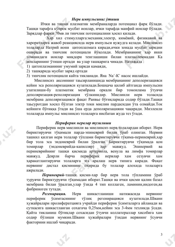 дроси толаниннг марказида жойлашган. 3. леммоцитнинг ядро ва цитоплазмаси толанинг перифириясида жойлашган. 4.цилиндрнинг мезаксонлари калта 4. мезаксон кўп марта ўқ цилиндр атрофида айланади ва миелин қаватни хосил қилади. 5. na канали бутун ўқ цилиндр узунлиги бўйича жойлашади. 5. na канали факат ранвье бўғиқларида жойлашади. 6.импульс ўтиш тезлиги 1-2 м/сек 6. импульс ўтиш тезлиги 5-120 м/сек нерв импульсиниг ўтиши ички ва ташқи плазматик мембраналарда потенциал фарқ бўлади. ташқи тарафга кўпрок мусбат ионлар, ички тарафда манфий ионлар бўлади. зарядлар фарқи 70мв ли тинчлик потенциалини ҳосил қилади. хар хил стимулларга:механик,электр, кимёвий, физикавий ва хароратларга жавоб реакциясида нерв импульси вужудга келади. миеленсиз толаларда натрий иони цитоплазмага киради,ички зонада мусбат зарядни оширади ва тинчлик потенциали йўқолади. мембрананинг хар икки томонидаги ионлар миқдори тенглашиши билан плазмолеммадан ка ионларининг ўтиши ортади ва улар ташқарига чикади. натижада : 1) цитоплазманиниг умумий заряди камаяди, 2) ташқарида мусбат заряд ортади 3) тинчлик потенциали кайта тикланади. яна nа+-к+ насос ишлайди. миелинсиз …