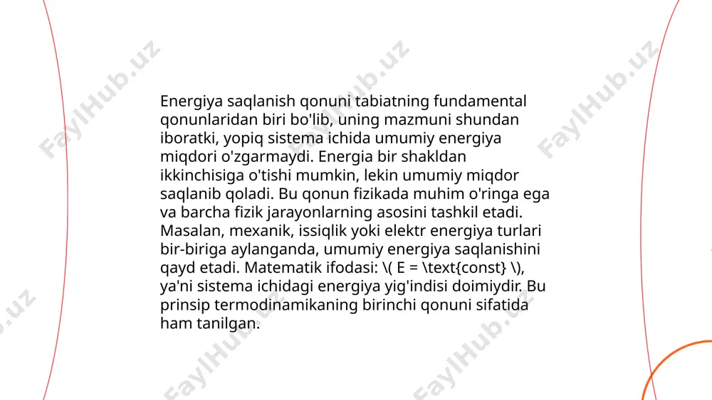 rtelot kalorimetrida kuzatiladi. ... t.me/slaydai_bot 10. adiabat jarayon adiabat jarayon gaz yoki suyuqlikning tashqi muhit bilan issiqlik almashinuvisiz sodir bo'ladigan jarayonidir. bu jarayonda ichki energiya o'zgarishi faqat ish bajarilishi hisobiga bo'ladi. ideal holatlarda adiabat jarayon uchun laplass tenglamasi qo'llaniladi: \( pv^\gamma = \text{const} \), bu yerda \( p \) bosim, \( v \) hajm, va \( \gamma = \frac{c_p}{c_v} \) – adiabata ko'rsatkichidir. adiabatik jarayonlar issiqlik dvigatellarida muhim o'rin tutadi, chunki ular samaradorlikni oshirishga yordam beradi. amaliyotda adiabat jarayon to'liq amalga oshmaydi, lekin ko'plab texnologik jarayonlarda unga yaqin holatlar kuzatiladi. ... t.me/slaydai_bot issiqlik mashinalari energiyani bir shakldan boshqa shaklga aylantiradigan qurilmalardir. ular issiqlikni mexanik ishga aylantirishda ishlatiladi. bug‘ dvigatellari, ichki yonuv dvigatellari va sovutgich sikllari bu texnologiyalarga kiradi. issiqlik mashinalarining samaradorligi karno sikliga bog‘liq bo‘lib, maksimal samaradorlik 100% ga yetmaydi. masalan, ichki yonuv dvigatellari odatda 30-40% samaradorlikka ega. issiqlik mashinalari ko‘pincha avtomobillar, samolyotlar va elektroenergiya stansiyalarida qo‘llanadi. ular ekologik ta'sirni …