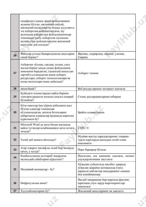 одамлар томонидан қўлланиладиган, матнли белгиларни қабартмали клавишлар ёрдамида киритиш қурилмаси бу? брайль клавиатураси 31 microsoft word да матн билан ишлашда қайси тугмалар комбинацияси матн остига чизади? ctrl+u 32 талаб деб нимага айтилади? муайян вақтда харидорларнинг товарни турли нархларда қанчадан сотиб олиш имконияти 33 агар товарга таклиф ва талаб бир меъёрда ортса, у ҳолда? нарх барқарор бўлади 34 камбағалликни келтириб чиқарувчи иқтисодий сабабларни кўрсатинг? ишсизлик, иш ҳақининг камлиги, меҳнат унумдорлигининг пастлиги 35 молиявий натижалар - бу? хўжалик субъектида ҳисобот даврида хўжалик жараёни натижасида ўзига қарашли маблағлар миқдорининг ошиши ёки камайишидир 36 инфратузилма нима? ишлаб чиқаришни бир маромда фаолият юритиши учун зарур шартшароитлар мажмуаси 37 хусусийлаштириш бу? жисмоний шахсларнинг ва давлатга тааллуқли бўлмаган юридик шахсларнинг оммавий мулк объектларини ёки давлат акцияли жамиятларининг акцияларини давлатдан сотиб олишдир 38 тенг миқдорда даромад олувчилар бир хил миқдорда солиқ тўлаш лозимлиги солиқ солишнинг қайси тамойилини билдиради? адолатлилик 168 ўзбекистон республикаси президенти шавкат мирзиёев афғонистонда тинчликка эришишнинг …