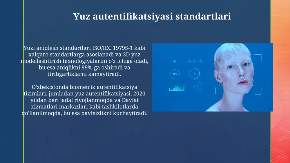 diston va xitoy kabi mamlakatlarda keng qo'llanila boshlanadi. turli platformalardagi qo'llanilishi android va ios operatsion tizimlaridagi 100 dan ortiq mobil ilovalar, jumladan, xavfsizlikni ta’minlash uchun google pay va apple pay kabi to’lov tizimlarida yuzni aniqlash texnologiyasidan foydalaniladi. xitoyning ba’zi yirik shaharlarida, masalan, shanxay va pekinda jamoat transportida, 5 million dan ortiq odam foydalanuvchi bazasiga ega bo'lgan yuzni tanib olish tizimlari joriy etilgan. yuz autentifikatsiyasining kamchiliklari yuz autentifikatsiyasi, ayniqsa, past yorug'lik sharoitida yoki 30 darajadan yuqori haroratda, 90% dan kam aniqlik bilan ishlaydi, bu esa xatoliklar sonini oshiradi va toshkent kabi gavjum shaharlarda ishonchlilikni pasaytiradi. yuz xususiyatlarining o'zgarishi (soqol o'stirish, soch turmagi, ko'zoynak taqish) tufayli, tizim 5% hollarda foydalanuvchini noto'g'ri aniqlaydi, bu esa xavfsizlik darajasini pasaytiradi va qo'shimcha tekshiruv usullarini talab qiladi. yuzni taqqoslash algoritmlari deep learning asosidagi yuzni taqqoslash algoritmlari, xususan, 2015 yildan keyin ishlab chiqilganlar, moskva shahrida joylashgan ba'zi tadqiqot markazlarida sinovdan o'tkazilib, 99% dan yuqori aniqlik ko'rsatkichlariga erishgan. …