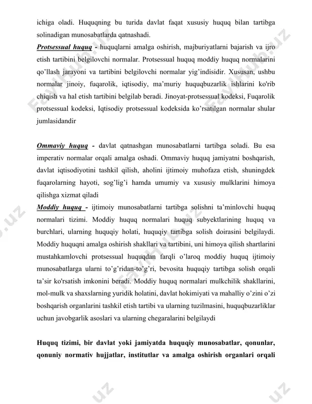 iyat bilan shug’ullanuvchi davlat organlari va huquqni muhofaza qiluvchi idoralar ii. amerika qo’shma shtatlari huquq tizimi qanday? amerika qo'shma shtatlaridagi huquq tizimi federal tartibda tashkil etilgan bo'lib, davlatlar va federal hokimiyati o'rtasida ixtisoslashgan hisoblanadi. quyidagi asosiy xususiyatlar amerika huquq tizimida ajralib turadi: konstitutsiya: amerika qo'shma shtatlarining asosiy qonuni konstitutsiyadadir(1787). u davlat organlarining tartibini, huquqiy tartibni, insonlarning huquq va erkinliklarini, huquqiy prinsiplarni va huquqiy tartibni belgilaydi. federal tartib: amerika qo'shma shtatlarida davlat va federatsiya hokimiyati o'rtasida quyidagi tartib mavjud: federatsiya hokimiyati federal hukumat tomonidan boshqariladi va shu hukumat tarafdorlik huquqini o'z ichiga oladi, shuningdek, bunday turdagi davlatlarning o'zining o'ziga xos hokimiyat va qonunlariga ega bo'lishi mumkin. qonunlar: amerika huquq tizimida federal qonunlar, davlatlar ittifoqi qonunlaridan tashkil topadi. bundan tashqari, har bir davlat o'zining o'ziga xos qonunlarini qabul qiladi. federal qonunlar, kongress tomonidan qabul qilingan tartib bilan amalga oshiriladi va qonunlar davlat qonunlari bilan muvofiqlashtiriladi. xalqaro shartnomalar aqshda huquqiy tizimlarining uzviy qismi …