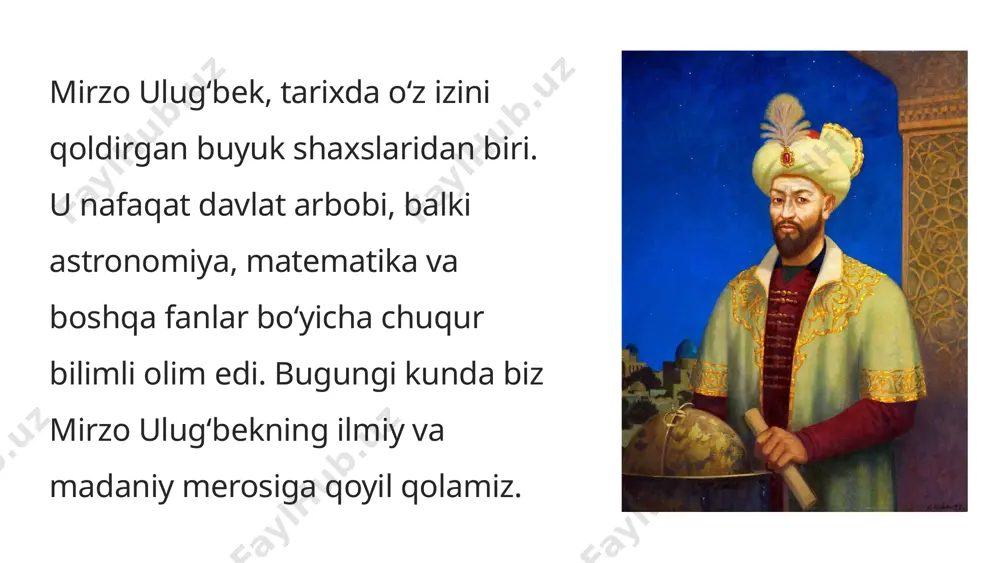 daniy merosi keyingi avlodlar uchun o‘zining ahamiyatini yo‘qotmagan. 2 zamonaviy ilm-fan uning ilmiy ishlari zamonaviy ilm-fan rivojiga ham o‘zining ijobiy ta’sirini ko‘rsatgan. 3 tarixga hissa mirzo ulug‘bek o‘zining ilmiy va madaniy faoliyati bilan tarixga o‘zining yorqin izini qoldirgan. 8 mirzo ulug‘bek davlat arbobi sifatida xalqini yaxshi ko‘rgan, mamlakatni rivojlantirishga intilgan va ilm-fanni rivojlantirishga katta hissa qo‘shgan. uning ilmiy va madaniy merosi butun dunyo uchun qimmatli boylik hisoblanadi. u tarixga o‘zining yorqin izini qoldirgan haqiqiy ilmiy va madaniy qahramon. 9 mirzo ulug'bekning observatoriyasi 1420-yillarda, aniqrog'i 1428-1437 yillarda tashkil etilgan. bu observatoriya samarqandda joylashgan bo'lib, o'z davrida eng zamonaviy astronomik asboblar bilan jihozlangan edi. ulug'bekning observatoriyasi astronomiya sohasida muhim ilmiy tadqiqotlar o'tkazish uchun mo'ljallangan va u yerda ko'plab yulduzlar va astronomik hodisalar o'rganilgan. observatoriya o'zining aniq astronomik jadval va asarlari bilan mashhur bo'lib, "zij-i ulug'bek" asari shu yerda yaratilgan. mirzo ulug'bekning ilmiy merosi bugungi kunda ham qadrlanadi. uning astronomiya va matematika sohasidagi …