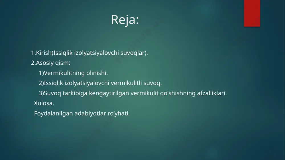 ilishi va xususiyatlariga turli xil ta'sir ko'rsatadi.ko’proq g’ovakli suvoq strukturasini yaratadigan yirik vermikulitdan farqli o'laroq, o'rta va kichik fraktsiya zarrachalarning yanada bir xil taqsimlanishini ta'minlaydi, bu esa g’ovakli shakllanishini kamaytiradi.bu ortiqcha bo'shashmasdan mustahkam va tekis sirt yaratish imkonini beradi. plitka yopishtiruvchi sementli qorishma va kengaytirilgan vermikulitni tashqi foydalanish uchun 1: 1 va ichki foydalanish uchun 1: 3 hajmda teng nisbatda aralashtiriladi.kerakli harakatchanlikka qadar suv qo'shiladi.qo'llashda tayyor suvoq qatlami 5 sm gacha bo'lganda, suvoq qatlamining qattiqlashuvi 12 soatgacha bo’ladi. bir m² tashqi sirt uchun suvoq ishlatilishiga misol: qatlam qalinligi - 5 sm, suvoq zichligi - 1 kg/l, bir qatlam uchun hajm - 0,05 m³ 1 m² uchun quruq suvoq iste'moli: 50 kg suvoq tarkibiga kengaytirilgan vermikulit qo'shishning afzalliklari: 1. issiqlik izolyatsion. vermikulit suvog’i binoning issiqlik izolatsiyasini oshiradi, vermikulitning past issiqlik o'tkazuvchanlik koeffitsienti (0,055 vt / (m ° c)) tufayli devorlarni harorat va namlik o'zgarishidan himoya qiladi. 2. tovushni yutish. kengaygan vermikulitning …