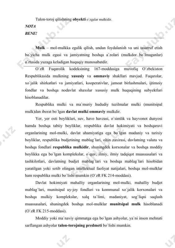tsiya qilinadi. ov qilish, baliq tutish qoidalarini yoki hayvonlarning boshqa turlarini ushlash qoidalarini buzish, noyob hayvonlarni tutish yoxud dori-darmon, oziq-ovqat va manzarali o`simlik turlarini yig`ish yoki tayyorlash to`g`risidagi belgilangan tartib yoki shartlar buzilganda, aybdor shaxsning harakatlari hayvonot yoki o`simlik dunyosidan foydalanish tartibini buzish, deb topiladi o`zr jk 202-moddasiga ko`ra javobgarlikni vujudga keltiradi. shu obyektlarga tajovuz qilish talon-toroj qilishdan farqlanadi, chunki faqat inson mehnati sarflangan, almashuv qiymatiga, ya`ni moddiy qimmatiga ega bo`lgan mol-mulkkina talon-torojning predmeti bo`lishi mumkin. masalan, tayyorlab qo`yilgan yog`ochni o`g`rilash, qo`riqxonada o`stirilgan hayvonlarni talon-toroj qilish, maxsus moslashtirilgan hovuzlarda yetishtirilgan baliqlarni tutish, baliqchilik xo`jaliklari ovlagan baliqlarni egallab olish shular jumlasidandir. qimmatbaho metallar yoki toshlarni o`zboshimchalik bilan qazib olish talon-toroj qilish hisoblanmaydi, balki qimmatbaho metallar yoki toshlarni topshirish qoidalarini buzish (o`zr jk 185-moddasida) nazarda tutilgan mustaqil jinoyat hisoblanadi. agar qimmatbaho metallar yoki toshlar ularni qazib oluvchi korxonalarning hududidan topib olingan bo`lsa, bunday harakatlar ham talon-toroj sifatida kvalifikatsiya qilinishi lozim. bunday korxonalarning …