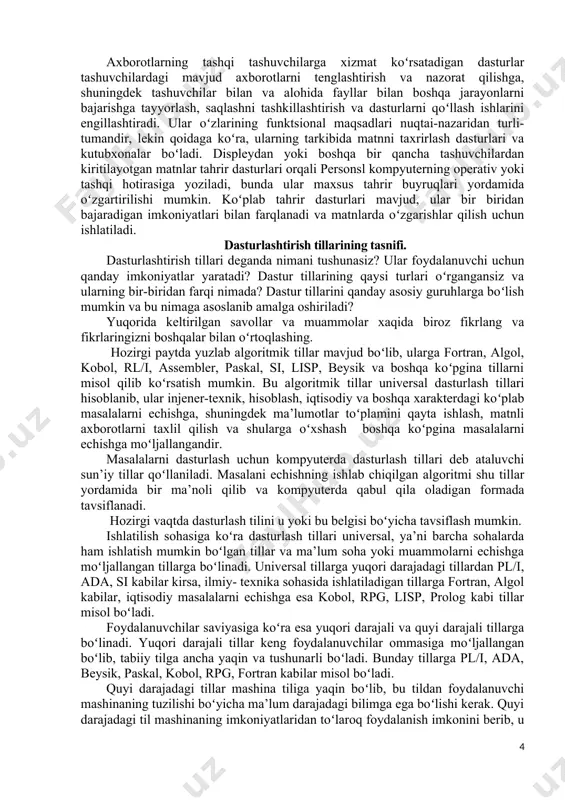 l tizimlar – ular kompyuter uchun yangi amaliy dasturlar yoki foydali ilovalar yozish uchun xizmat qiladilar. tizimviy dasturlarga operatsion tizim, drayverlar, qobiq dasturlar va operatsion qobiqlarni kiritish mumkin. operatsion qobiqlar ishga tushiriladigan dasturlar uchun quyidagi imkoniyatlarni yaratishi mumkin: - grafik interfeys – ma’lumotlarni chiqarish va ular bilan samarador ishlashga imkon beradigan vositalar toʻplamini xosil qilish mumkin, ya’ni aloxida turdagi menyular, darchalar, oynalar, ma’lumotnomalar va xokazolar; - multidasturlashtirish – bir vaqtning oʻzida bir qancha dasturlarni ishlatish imkoniyati; - dasturlararo ma’lumot almashinishnig kengaytirilgan vositalarini ishlatish. dastur ta’minoti ilmiy-texnik, iqtisodiy-statistik va boshqa masalalarni echishda, shuningdek, boshqaruv ma’lumotlarini qayta ishlash uchun hisoblash tizimlari qurishda kompyuter texnik vositalarining imkoniyatlarini ancha kengaytiradi. kompyuter dastur ta’minotining asosiy funktsiyalari quyidagilardan iborat: - dasturlashni avtomatlashtirish vositalari yordamida masalani ehmda echishga tayyorlash; - operator bilan kompyuterning eng qulay koʻrinishlardagi aloqasini tashkil qilish; - kompyuterni nazorat qilish, unga diagnoz qoʻyish va yuzaga kelgan nuqsonlarning kengayishiga yoʻl qoʻymaslik. kompyuterning dastur ta’minoti strukturasida …