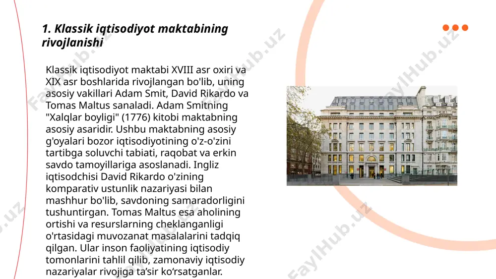 sh: jamiyatning farovonligi har bir individual foyda ortishidan kelib chiqadi. ... t.me/slaydai_bot bozor mexanizmining roli klassik iqtisodiyot nazariyasida muhim ahamiyat kasb etadi. klassik iqtisodchilar, jumladan adam smit, bozorni "ko'rinmas qo'l" tamoyili asosida tavsiflaydi. bu nazariyaga ko'ra, erkin bozor tizimida tovar va xizmatlar narxi taklif va talab orqali belgilanadi. bozor mexanizmi resurslarni yanada samarali taqsimlashga yordam beradi, chunki raqobat ishlab chiqaruvchilarni xarajatlarni kamaytirishga va sifatni oshirishga undaydi. natijada, iqtisodiyot yanada samaraliroq bo‘ladi. bozor mexanizmi, shuningdek, tadbirkorlik faolligini rivojlantiradi va iqtisodiy o'sish uchun muhim impuls beradi. ... t.me/slaydai_bot 7. erkin raqobat va klassik iqtisodiyotga ta'siri erkin raqobat klassik iqtisodiyot nazariyasi asoslariga muhim ta'sir ko'rsatdi. angliyalik iqtisodchi adam smit tomonidan 1776-yilda yozilgan "xalqlar boyligi" asari erkin raqobatni iqtisodiy o'sishning asosiy omili sifatida ko'rib chiqdi. klassik iqtisodchilarga ko'ra, erkin raqobat bozorni samarali boshqarar, resurslarni optimal taqsimlashga olib kelar edi. keynesdan oldingi davrda, bu nazariya davlat aralashuvi minimal darajada bo'lgan iqtisodiyotni qo'llab-quvvatlardi. erkin raqobat sharoitida …