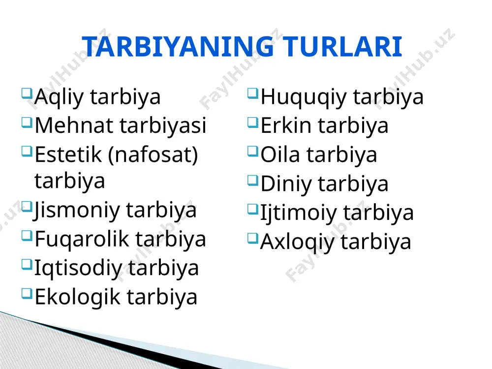 hi komil insonni tarbiyalash asrlar davomida tarbiyaning yetakchi maqsadi bo’lib kelgan: - tarbiyaning dialektik xususiyati; - tarbiya va o’z-o’zini tarbiyalashning birligi; - tarbiya va shaxs rivojlanishining o’zaro bog’liqligi; - tarbiya jarayonining ham ikki tomonlama xususiyatga ega ekanligi; - tarbiyaning maqsadi, vazifalari, mazmuni, shakl va metodlarining o’zaro bog’liqligi; - tarbiyaning maqsad, vositalari va natijalari o’rtasida bog’liqlik bor; - tarbiya jarayonida shaxs va jamoaning o’zaro bog’liqligi va boshqalar. komil insonni tarbiyalash asrlar davomida tarbiyaning yetakchi maqsadi bo’lib kelgan: - tarbiyaning dialektik xususiyati; - tarbiya va o’z-o’zini tarbiyalashning birligi; - tarbiya va shaxs rivojlanishining o’zaro bog’liqligi; - tarbiya jarayonining ham ikki tomonlama xususiyatga ega ekanligi; - tarbiyaning maqsadi, vazifalari, mazmuni, shakl va metodlarining o’zaro bog’liqligi; - tarbiyaning maqsad, vositalari va natijalari o’rtasida bog’liqlik bor; - tarbiya jarayonida shaxs va jamoaning o’zaro bog’liqligi va boshqalar. tarbiya printsiplari deb, tarbiyaning umumiy qonuniyatlarini o’zida aks ettiruvchi, tarbiyachi tarbiyaviy ishda amal qilishi zarur bo’lgan asosiy qoidalarga aytiladi. …