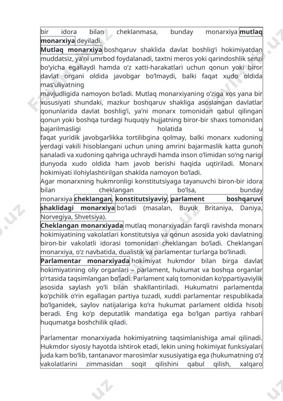6) umrbod boshqaruv; 7) monarx o‘z boshqaruvining natijasi uchun yuridik jihatdan javobgar emas monarxiya mutlaq va cheklangan (yoki parlamentar) shakllarda bo‘ladi. agar monarx o‘z davlatini boshqarishda uning boshqaruvi boshqa biron bir idora bilan cheklanmasa, bunday monarxiya mutlaq monarxiya deyiladi. mutlaq monarxiya boshqaruv shaklida davlat boshlig‘i hokimiyatdan muddatsiz, ya’ni umrbod foydalanadi, taxtni meros yoki qarindoshlik senzi bo‘yicha egallaydi hamda o‘z xatti-harakatlari uchun qonun yoki biror davlat organi oldida javobgar bo‘lmaydi, balki faqat xudo oldida mas’uliyatning mavjudligida namoyon bo‘ladi. mutlaq monarxiyaning o‘ziga xos yana bir xususiyati shundaki, mazkur boshqaruv shakliga asoslangan davlatlar qonunlarida davlat boshlig‘i, ya’ni monarx tomonidan qabul qilingan qonun yoki boshqa turdagi huquqiy hujjatning biror-bir shaxs tomonidan bajarilmasligi holatida u faqat yuridik javobgarlikka tortilibgina qolmay, balki monarx xudoning yerdagi vakili hisoblangani uchun uning amrini bajarmaslik katta gunoh sanaladi va xudoning qahriga uchraydi hamda inson o‘limidan so‘ng narigi dunyoda xudo oldida ham javob berishi haqida uqtiriladi. monarx hokimiyati ilohiylashtirilgan shaklda namoyon …