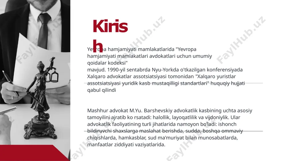 o’tkazilganda, agar u bunday maslahatlashuvlarga e’tiroz bildirmagan bo’lsa fuqaroviy nizoni hal qilishda o’z pozitsiyasini asoslash yoki ishonch bildiruvchi shaxs ishtirok etgan harakatlarga asoslanib advokatga nisbatan qo’zg’atilgan intizomiy yoki jinoyat ishi bo’yicha shaxsiy himoyasini ta’minlash uchun advokat d.p. vatmanning quyidagi so’zlari advokatlar o'rtasidagi o'zaro munosabatning umumiy mohiyatini yaqqol ochib beradi: "hamkasbiga, uning shaxsiyatiga, mehnat va ijtimoiy obrosiga hurmat advokatura nomi va sha'nining qadri haqida qayg'urishni o'zining axloqiy majburyati deb hisoblovchi har bir advokat uchun bosh qoida bolishi kerak. bu - advokatlik etikasining alifbosidir. zero, o’zaro munosabatlarda hurmat, xushmuomalalik va qat'iy boadablik ko'rsatmaydigan, suddagi kurash jarayonida do’stona birdamlik tuyg'ularini unutib qo’yadigan tashkilot boshqalardan hurmat kuta olmaydi". back to agenda advokatlarning o’zaro munosabati o’ z hamkasbiga imkon qadar amaliy yordam ko’ rsatishi shart advokat advokatlik tuzilmasidagi boshqa advokat oldiga kelgan shaxsni yuridik yordam ko’ rsatish to’ g’ risida bitim tuzishga ko’ ndirishga haqli emas advokat: boshqa advokatlar tomonidan undirilayotgan haq miqdorini muhokama qilishga …