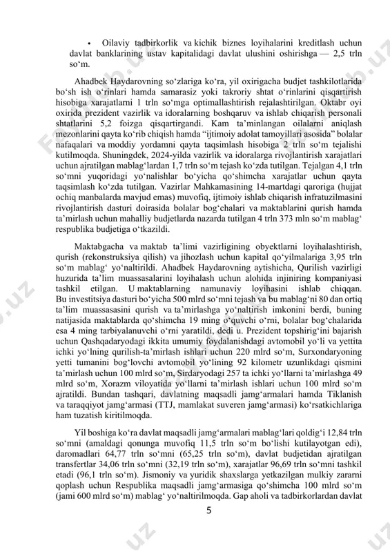 ish imkonini berdi, buning natijasida maktablarda qo‘shimcha 19 ming o‘quvchi o‘rni, bolalar bog‘chalarida esa 4 ming tarbiyalanuvchi o‘rni yaratildi, dedi u. prezident topshirig‘ini bajarish uchun qashqadaryodagi ikkita umumiy foydalanishdagi avtomobil yo‘li va yettita ichki yo‘lning qurilish-ta’mirlash ishlari uchun 220 mlrd so‘m, surxondaryoning yetti tumanini bog‘lovchi avtomobil yo‘lining 92 kilometr uzunlikdagi qismini ta’mirlash uchun 100 mlrd so‘m, sirdaryodagi 257 ta ichki yo‘llarni ta’mirlashga 49 mlrd so‘m, xorazm viloyatida yo‘llarni ta’mirlash ishlari uchun 100 mlrd so‘m ajratildi. bundan tashqari, davlatning maqsadli jamg‘armalari hamda tiklanish va taraqqiyot jamg‘armasi (ttj, mamlakat suveren jamg‘armasi) ko‘rsatkichlariga ham tuzatish kiritilmoqda. yil boshiga ko‘ra davlat maqsadli jamg‘armalari mablag‘lari qoldig‘i 12,84 trln so‘mni (amaldagi qonunga muvofiq 11,5 trln so‘m bo‘lishi kutilayotgan edi), daromadlari 64,77 trln so‘mni (65,25 trln so‘m), davlat budjetidan ajratilgan transfertlar 34,06 trln so‘mni (32,19 trln so‘m), xarajatlar 96,69 trln so‘mni tashkil etadi (96,1 trln so‘m). jismoniy va yuridik shaxslarga yetkazilgan mulkiy zararni qoplash uchun respublika maqsadli …