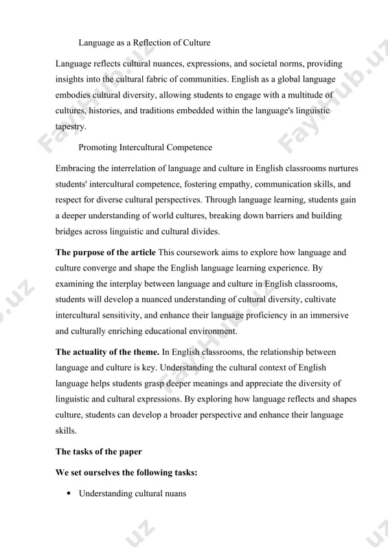 k. hereby work consists of introduction, main chapter with 2 parts, conclusion and the list of the used literature. chapter i. the interrelationship between language and culture 1.1 language as “culture expressing itself in sound" language and culture are deeply intertwined and influence each other in many ways. language is the primary mode of communication within a culture, and it reflects and shapes the values, beliefs, customs, and practices of that culture. as such, language is not only a tool for communication but also a repository of cultural knowledge and identity. one of the ways in which language and culture are interconnected is through the vocabulary and terminology specific to each culture. different cultures may have words or concepts that are unique to their language and that reflect their particular values, beliefs, or practices. for example, the inuit have multiple words for snow, which reflects the importance of snow in …