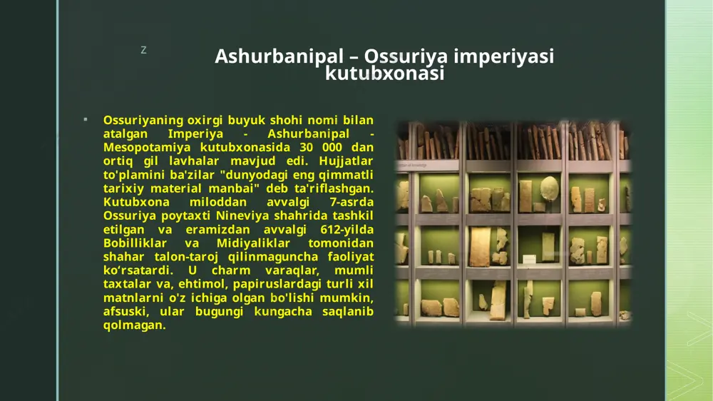 ko'rsatadi. qumrondagi topilmalar nafaqat o'lik dengiz o'ramlarining o'zida, balki siyoh quduqlari va hatto ulamolar mehnat qilgan stollarning gipsli qoplamalarida ham qadimiy mashaqqatli kitoblarni ko'paytirish jarayonining jismoniy va moddiy haqiqatlarini ochib berdi. z foydalanilgan adabiyotlar z 1. ўзбекистон республикасининг “архив иши тўғрисида” ги қонуни. //халқ сўзи. 2010. 16 июн, 119-сони. 2. алимов и., эргашев ф., бўтаев а. архившунослик. / ўқув қўлланма. – тошкент: шарқ, 1997. 3. алимов и.а. архившунослик. / ўқув қўлланма. – андижон:андижон, 2005. 4. бобоқулов б. архив иши назарияси ва амалиёти. / ўқув қўлланма. – т., 2011. 5. исакова м. становление и развитие архивного дела в узбекистане. – e’tiboringiz uchun tashakkur!!!! z image4.jpg image5.png image6.jpeg image7.jpeg image8.jpeg image9.jpeg image10.jpeg image11.jpeg image15.jpeg image16.jpg image2.png image3.png 1673337868 1019394940 1182338965 1529341001 /docprops/thumbnail.jpeg