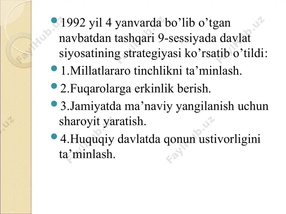 g bolinishi; mahalliy o’z-o’zini boshqarishi. 1) 1990 yil iyunda i.a.karimov boshchiligida 64 kishidan iborat konstitusiya loyihasini tayyorlash bo`yicha komissiya tuzilgan 2) 1992 yil 26 sentabrda konstitusiya loyihasi umumxalq muhokamasi uchun matbuotda e`lon qilindi 3) 1992 yil 26-noyabrda matbuotda ikkinchi marta e`lon qilindi. 6-mingdan ziyod taklif va mulohazalar inobatga olindi. 4) 1992 yil 8-dekabrda o`zbekiston respublikasi konstitusiyasi qabul qilindi. konstitusiya preambula, 6-ta bob, 26-ta bo`lim, 128-ta moddadan iborat o`zbekiston respublikasining konstitusiyasi konstitutsiyaga kora o’zbekiston respublikasi ijroiya hokimiyati prezidentlik hokimiyati va vazirlar mahkamasidan iborat respublika prezidenti qoshida ijro etuvchi hokimiyat devoni tuzildi. vazirlar mahkamasi prezident tomonidan tuzilib, parlament tomonidan tasdiqlanadi. vazirlar mahkamasi 1990-yil noyabrda tashkil topib, mustaqillikka erishgandan song davlat mustaqilligini ta'minlovchi organlardan iborat: mudofaa vazirligi, milliy xavfsizlik xizmati, ichki ishlar vazirligi, davlat bojxona va soliq qomitasi, shuningdek tashqi aloqalarni ta'minlovchi organlar vujudga keldi: tashqi ishlar vazirligi, tashqi iqtisodiy aloqalar vazirligi, tashqi iqtisodiy faoliyat bilan shug'ullanuvchi milliy bank, iqtisodiy rivojlanishni ta'minlovchi organlar: …
