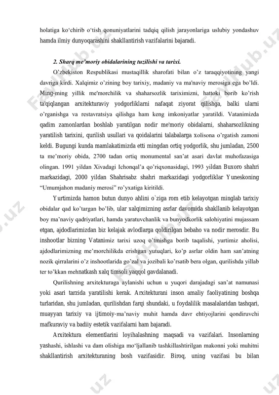 sh, tekis va fazoviy shakllarning orasidagi pozitsiyaviy va metrik munosabatlarni ularning hosil qilingan tekis tasvirlari orqali aniqlash usullarini tekshirish, fazoviy tasavvur va muhandislik tafakkurni rivojlantirishga yo‘naltiradigan misol va masalalarni tadqiqot qilish, tasvir tekisligi va uch o‘lchamli fazo orasidagi bog‘liklik qonuniyatlarini o‘rganadilar. talabalarni nazariy bilimlar, amaliy ko‘nikmalar, fazoviy jismlarning geometrik tasavvuridan uning planimetrik tasviri (tekis chizmasi)ga o‘tish va fazoviy jism elementlarining o‘zaro munosabatlarini uning planimetrik tasviridan qayta fazoviy holatiga ko‘chirib o‘tish qonuniyatlarini tadqiq qilish jarayonlariga uslubiy yondashuv hamda ilmiy dunyoqarashini shakllantirish vazifalarini bajaradi. 2. sharq me’moriy obidalarining tuzilishi va tarixi. o’zbekiston respublikasi mustaqillik sharofati bilan o’z taraqqiyotining yangi davriga kirdi. xalqimiz o’zining boy tarixiy, madaniy va ma'naviy merosiga ega bo’ldi. ming-ming yillik me'morchilik va shaharsozlik tariximizni, hattoki borib ko’rish ta'qiqlangan arxitekturaviy yodgorliklarni nafaqat ziyorat qilishga, balki ularni o’rganishga va restavratsiya qilishga ham keng imkoniyatlar yaratildi. vatanimizda qadim zamonlardan boshlab yaratilgan nodir me'moriy obidalarni, shaharsozlikning yaratilish tarixini, qurilish usullari va qoidalarini talabalarga …