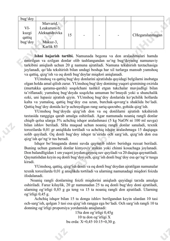 och, qizg‘ish donli bug‘doy esa qo‘ng‘ir tusga kiradi. yumshoq, qattiq, qizg‘ish donli va oq donli bug‘doydan ajratilgan namunalar texnik torozilarda 0,01 g aniqlikda tortiladi va ularning namunadagi miqdori foizda ifodalanadi. noaniq rangli donlarning foizli miqdorini aniqlash quyidagi tarzda amalga oshiriladi. faraz kilaylik, 20 gr namunadan 25 ta oq donli bug‘doy doni ajratiladi, ularning og‘irligi 0,85 g ga teng va 15 ta noaniq rangli don ajratiladi. ularning og‘irligi 0,45 g. achchiq ishqor bilan 15 ta donga ishlov berilgandan keyin ulardan 10 tasi och-sarg‘ish, qolgan 3 tasi esa qizg‘ish rangga ega bo‘ladi. och sarg‘ish rangli 10 ta donning og‘irligi proporsiya yordamida aniqlanadi: 15ta don og‘irligi 0,45g 10 ta don og‘irligi x bu erda: x=0,45·10:15=0,30 g. oq donli bug‘doyning umumiy og‘irligi 0,85+0,30=1,15 g ga teng, 1,15·100:20=5,75% ni tashkil etadi. shunday kilib, namunaviy tarkibni aniqlash uchun olingan namunada: qizg‘ish donli bug‘doy 18,85 g yoki 94,25% va oq donli bug‘doy 1,15 g yoki 5,75% ni …