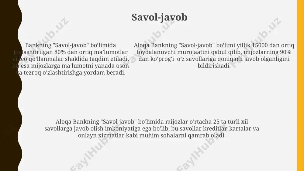 zilmasi bankning egalik tuzilmasida xorijiy investitsiyalar mavjud emas, faqatgina mahalliy investorlar ishtirok etadi. aloqa banki aksiyalarining bir qismi strategik sheriklarga tegishli bo'lib, ularning ulushi umumiy kapitalning 15 foizini tashkil qiladi. aloqa bankining aksiyadorlik kapitalining 51 foizi davlatga, qolgan 49 foizi esa xususiy sektor vakillariga tegishli. e'tiboringiz uchun rahmat @taqdimot_robot