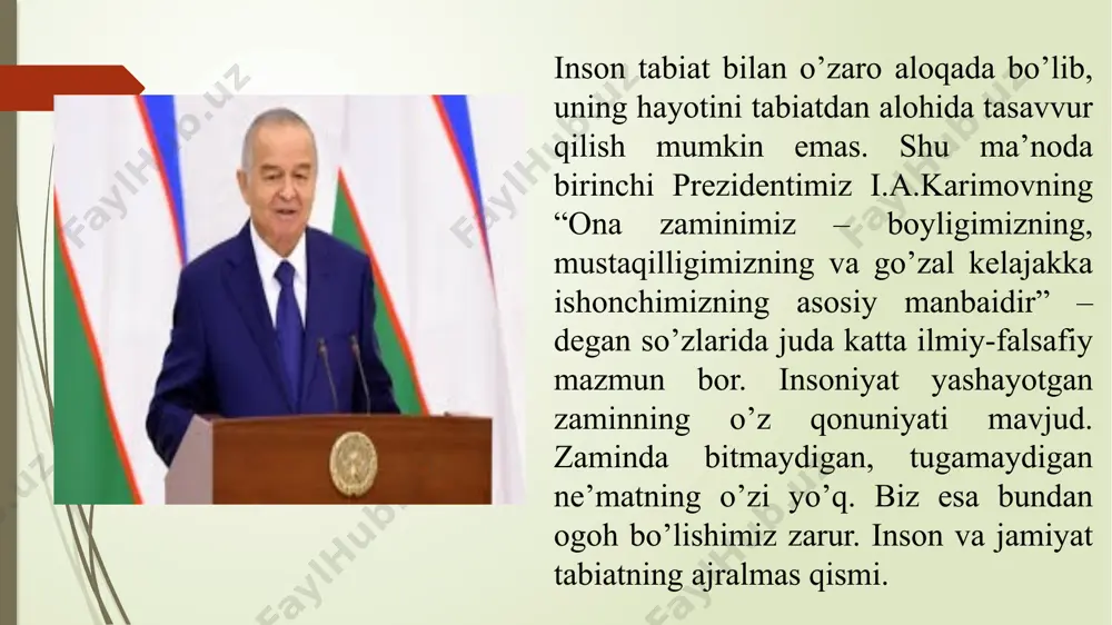, yer osti va yer usti boyliklarining, o’simliklarning va hayvonlar nodir turlarining kamayib borayotganligi hamda atmosfera haroratining sezilarli darajada oshib borayotganligidan insoniyat behad azob chekmoqda. xx asr tugab xxi asrning dastlabki kunlarida, asrlar tutash kelgan pallada butun insoniyat, mamlakatimiz aholisi juda katta ekologik xavfga duch keldi. sayyoramizdagi ekologik muammolar sun’iy tog’lar hosil bo’lishi atmosfera ifloslanishi va unda o2 ning kamayishi havo haroratining ko’tarilishi atmosferada ozon qatlami (o3) ning yemirilishi demografik o’sish va hokazo ichimlik suv va suvning ifloslanishi suv sathining ko’tarilishi tuproq erroziyasi va uning ifloslanishi ekologik muammoni hal etish barcha xalqlarning manfaatlariga mosdir. sivilizatsiyaning hozirgi kuni va kelajagi ko’p jihatdan ekologik muammoning hal qilinishiga bog’liqdir. o’zbekiston respublikasi dunyodagi barcha mamlakatlar, jumladan markaziy osiyo mintaqasidagi davlatlar bilan hamkorlik va hamjihatlikda tabiatni, atrof muhitni himoya qilish, tabiiy zahiralardan oqilona foydalanish masalalariga katta e’tibor va ahamiyat berib kelinmoqda. buning natijasi o’laroq, atrof-muhitni muhofaza qilishni ta’minlashga qaratilgan qonun hujjatlari respublikamizda ko’plab qabul qilingi. …