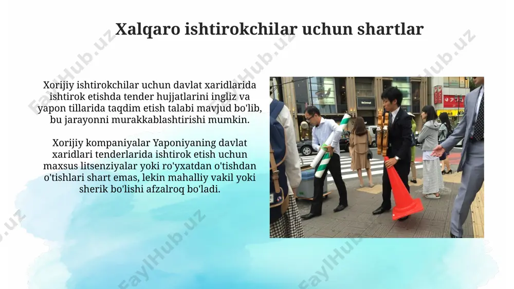 blarni, shu jumladan, 5 yildan ortiq kafolat muddatlarini qo'llaydi. yaponiya davlat xaridlari tizimi ochiq tenderlar orqali amalga oshiriladi, bunda taxminan 70% dan ortiq xaridlar elektron platformalar orqali o'tkaziladi va bu shaffoflikni ta'minlaydi. davlat xaridlarida shaffoflik va hisobot berish yaponiyadagi davlat xaridlaridagi tenderlarning 90% dan ortig'i elektron platformalar orqali o'tkazilib, bu jarayonning shaffofligini oshiradi va korruptsiya xavfini kamaytiradi. davlat xaridlari to'g'risidagi ma'lumotlar ochiq ma'lumotlar portallarida joylashtirilib, har bir shartnoma bo'yicha kamida 5 ta asosiy ko'rsatkich (narx, etkazib berish muddati va h.k.) ko'rsatiladi. e'tiboringiz uchun rahmat @taqdimot_robot image2.jpg image3.jpg image4.jpg image5.jpg image6.jpg image7.jpg image8.jpg image9.jpg image10.jpg image11.jpg image12.jpg image1.png