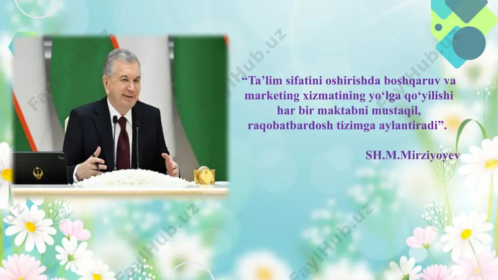 aktabning raqobatbardoshligini oshirish. vazifalar ochiq eshiklar kunlari va uchrashuvlar o‘tkazish hamda seminar-treninglar o‘tkazish orqali ota-onalar bilan samarali aloqalarni o‘rnatish; raqamli ta’lim platformalarini joriy etish orqali onlayn darslar, videokonferensiyalar va boshqa raqamli ta’lim resurslarini taqdim etish, ta’lim xizmatlarini ijtimoiy tarmoqlar va veb-sayt orqali targ‘ib qilish; yangi o‘quvchilarni jalb qilish va ta’lim sifati haqida ma’lumot beruvchi maktabning imidjini yaratish; o‘qituvchilar o‘rtasida marketing xizmatini amalga oshirish bo‘yicha o‘quv seminarlar tashkil etish, marketing xizmatini amalga oshirgan barcha xodimlar faoliyatni qo‘llab-quvvatlash. mavzuga oid adabiyotlar tahlili “marketing asoslari” - h. aybeshov, a. ergashev, e. yo‘lchiyev va a. ismoilov o‘quv qo‘llanma bo‘lib, 2013 yilda nashr etilgan. mazkur qo‘llanmada marketingning asosiy tushunchalari, funksiyalari va ularning bajarilishi, turli shakllari va ularning qo‘llanilishi. marketing faoliyatida axborotning roli va uni ta’minlash usullari. marketing faoliyatiga ta’sir etuvchi ichki va tashqi omillar keng yoritilgan. otabek xasanov “liderlar kitobi” toshkent 2023. asarda muallif samarali boshqaruv usullari va muvaffaqiyatli yetakchilarning xususiyatlarini tahlil qiladi. kitobda tarixiy …
