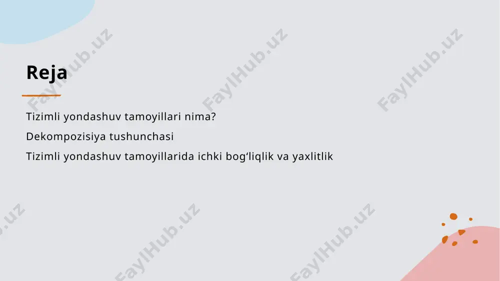 qilish uchun metodologik asos bo'lib xizmat qiladi, ko'p sohalarni birlashtiradi va yangi g'oyalar yaratadi. interdisiplinar hamkorlik tizimli yondashuv, turli fanlardan mutaxassislarni birlashtirib, interdisiplinar hamkorlikni rivojlantiradi va tadqiqot natijalarini kengaytiradi, muammolarni yanada chuqurroq tahlil qilish imkonini beradi. amaliyotdagi qo'llanilishi tizimli yondashuv, ta'lim, iqtisodiyot va ekologiya kabi sohalarda amaliyotda qo'llanilishi orqali, kompleks tizimlarning o'zaro bog'liqligini ochib beradi va strategik yechimlar ishlab chiqadi. dekompozisiya tushunchasining nazariy asoslari va ahamiyati. 1 dekompozisiya tushunchasi dekompozisiya, tizimni kichik va boshqariladigan qismlarga ajratish jarayonidir. bu, tizimning tuzilishini yaxshiroq tushunishga yordam beradi. 2 nazariy asoslari dekompozisiya nazariyasi, tizimlar nazariyasiga asoslanadi. u, tizimning har bir elementining rolini va ularning o'zaro bog'lanishini o'rganadi. 3 ahamiyati dekompozisiya, muammolarni hal qilishda samarali yondashuvdir. u, murakkab tizimlarni boshqarish va ularning samaradorligini oshirishda muhimdir. dekompozisiya jarayonida tizimning elementlari qanday ajratiladi? 01 dekompozisiya jarayoni dekompozisiya jarayoni tizimni kichik qismlarga ajratish orqali amalga oshiriladi. bu jarayon tizimning tuzilishini va ish faoliyatini yaxshiroq tushunishga yordam beradi. 02 …