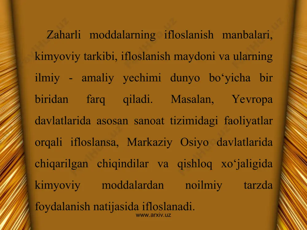 on alyuminiy zavodi (tojaz) faoliyatini keltirishimiz mumkin. www.arxiv.uz www.arxiv.uz tojaz birgina 2002 yilda 21,613 ming tonna atmosfera orqali tuproq, o‘simlik, hayvonot va suv qoplamiga vodorod ftorid - ng‘, azot ikki oksidi -n0, uglerod ikki oksidi - so, oltingugurt to‘rt oksidi - 802 kabi zaharli moddalarni chiqargan, natijada esa tuproq qoplamida ayrim kimyoviy elementlarning miqdori ruhsat etilgan miqdori (rem) ko‘rsatkichidan bir necha marta ortgan va tuproqning bir qator xossalariga salbiy ta’sir etgan. www.arxiv.uz www.arxiv.uz eng achinarlisi bu holat shu hududda yashovchi xomilador ayollar, yosh bolalarga sezilarli ta’siri achinarli holatlarga olib kelgan. bir qator olimlarimiz (i.orestor, g.raxmatkariyev, ye.kamilov 1995) va o‘zr yergeodezkadastri davlat qo‘mitasining tuproqshunoslik va agrokimyo ilmiy tadqiqot davlat instituti xodimlari tojaz ning chiqindilaridan zarar ko‘rayotgan surxondaryo viloyatining sariosiyo, uzun va denov tumanlarida ilmiy tadqiqotlar olib borishdi. www.arxiv.uz www.arxiv.uz tojaz ning faoliyati mobaynida nafaqat tojikiston respublikasi hududi, balki o‘zbekistonning sariosiyo, uzun va denov tumanlari atrof- muhity, xususan tuproq, suv, havo qoplami, …