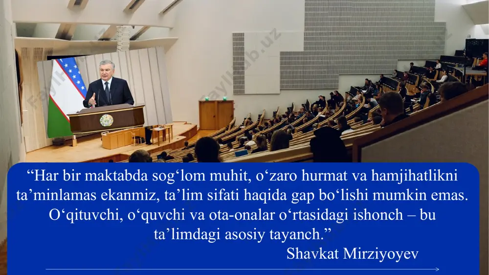 orligini oshirish, o'quvchilarni vatanparvarlik ruhida tarbiyalash, o'qituvchilarning mas'uliyatini kuchaytirish kabi masalalarni o'z ichiga oladi. bu esa ijtimoiy barqarorlikni ta'minlashda muhim ahamiyatga ega. o'zbekiston respublikasi prezidentining 2019-yil 8-maydagi pq-4312-sonli qarori: ushbu qaror bilan o'zbekiston respublikasi maktabgacha ta'lim tizimini 2030-yilgacha rivojlantirish konsepsiyasi tasdiqlandi. konsepsiyada maktabgacha ta'lim tizimini takomillashtirish, bolalarni maktabga tayyorlash, ta'lim muassasalarining moddiy-texnik bazasini mustahkamlash kabi chora-tadbirlar nazarda tutilgan. bu esa kelajakda maktablarda ijtimoiy barqarorlikni ta'minlash uchun zamin yaratadi. o'zbekiston respublikasi vazirlar mahkamasining 2019-yil 31-dekabrdagi 1059-sonli qarori: ushbu qaror bilan uzluksiz ma'naviy tarbiya konsepsiyasi tasdiqlandi. konsepsiya doirasida o'quvchilarning ma'naviy kamolotini ta'minlash, ularni milliy va umuminsoniy qadriyatlarga hurmat ruhida tarbiyalash, ta'lim muassasalarida ma'naviy-ma'rifiy ishlarni tashkil etish kabi masalalar ko'zda tutilgan. bu esa maktablarda ijtimoiy barqarorlikni ta'minlashga xizmat qiladi. o'zbekiston respublikasi prezidentining 2021-yil 19-iyuldagi pq-5188-sonli qarori: ushbu qaror prezident, ijod va ixtisoslashtirilgan maktablar faoliyatini yanada takomillashtirish bo'yicha qo'shimcha chora-tadbirlarni belgilaydi. qarorda ushbu maktablarda o'quvchilarning ijodiy va intellektual salohiyatini rivojlantirish, ularni milliy va umuminsoniy …
