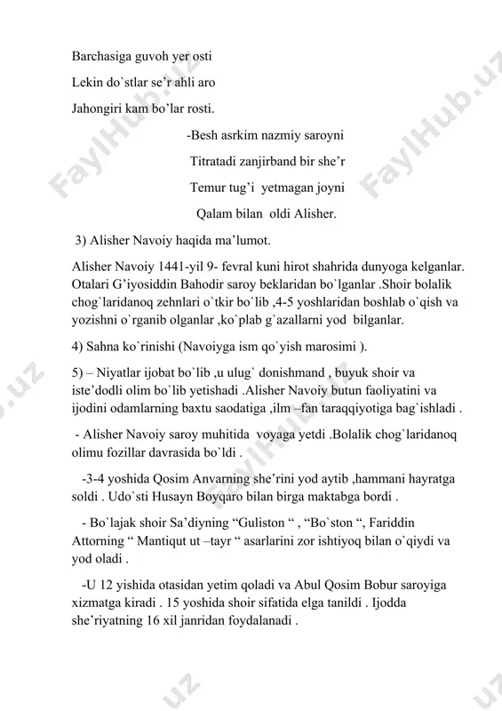 ldi . udo`sti husayn boyqaro bilan birga maktabga bordi . - bo`lajak shoir sa’diyning “guliston “ , “bo`ston “, fariddin attorning “ mantiqut ut –tayr “ asarlarini zor ishtiyoq bilan o`qiydi va yod oladi . -u 12 yishida otasidan yetim qoladi va abul qosim bobur saroyiga xizmatga kiradi . 15 yoshida shoir sifatida elga tanildi . ijodda she’riyatning 16 xil janridan foydalanadi . - xalq parvar navoiy 52 ta rabot , 20 ta hovuz , 16 ta ko’prik , 9 ta hammom qurdiradi . - navoiy bobomiz o`zbek ,fors tillarini mukammal bilganlar . forschada “ foniy ” o`zbekchada “ navoiy “ taxallusini berganlar . 6) sahna ko’rinishi : ( navoiynig maktabga borishi ) 7) navoiy hikmatlaridan namunalar. - haq yo`lida senga bir harf o`qutmish ranj ila , aylamak bo’lmas ado oning haqqin yuz ganj ila . -er kishiga zebu ziynat hikmatu donish durur, yaxshi kiymak birla xotunlarga oroyish durur. -el …