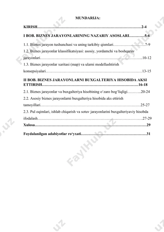 tida yuzaga keladigan barcha operatsiyalar, harakatlar, qarorlar bir-biri bilan bog‘liq holda yagona tizim – biznes jarayonlar orqali amalga oshiriladi. ushbu jarayonlarning to‘g‘ri tashkil etilishi va ularni buxgalteriya hisobida aniq aks ettirish korxonaning iqtisodiy samaradorligini oshiradi, resurslardan oqilona foydalanish imkonini yaratadi. mavzuning dolzarbligi bugungi kunda iqtisodiyotda raqamlashtirish jarayonlarining kengayishi, axborot tizimlari asosida ishlovchi korxonalarning ko‘payishi, menejmentda yangi yondashuvlarning paydo bo‘lishi biznes jarayonlarni chuqur tahlil qilish va ularni hisobga olish zaruratini yuzaga keltirmoqda. ayniqsa, buxgalteriya hisobining xalqaro standartlari asosida yuritilishi biznes jarayonlar natijasini moliyaviy hisobotlarda to‘g‘ri ifodalashga xizmat qiladi. shu boisdan, korxona faoliyatining har bir yo‘nalishini tizimli yondashuv orqali baholash, uni modellashtirish va hisobga olish bugungi kunning dolzarb masalalaridandir. tadqiqot maqsadi va vazifalari ushbu kurs ishining asosiy maqsadi – biznes jarayonlar mohiyatini ochib berish, ularning buxgalteriya hisobida aks ettirilishini tahlil qilish va zamonaviy hisob tizimlari orqali ularni avtomatlashtirish imkoniyatlarini o‘rganishdan iborat. tadqiqot vazifalari: · biznes jarayonlar tushunchasini nazariy jihatdan asoslab berish; · …