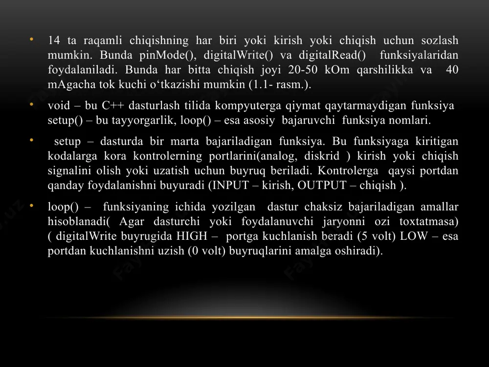 ni aniqlash uchun ishlatiladi. u avtomatik iqlim nazorati qurilmalarida ham qo‘llaniladi. atrof-muhit monitoringi qurilmalari ham ushbu sensordan foydalanadi. bog‘ni kuzatish tizimlari dht11 sensorlaridan ham foydalanadi. foydalanilgan adabiyotlar ro‘yhati s.x umarov “tibbiyot texnikalari” tta. toshkent .2014-y. toshdtu. toshkent 2018-y. tursunov m.a. biotexnika tibbiyot qurilmalari va tizimlari. oʻquv qoʻllanma. toshdtu. toshkent 2013-y. л.в илясов «биомедицинская аналитическая техника» https://minikar.ru/uz/schaste/stopa-u-malysha-5-mes-povernuta-vnutr-profilaktika-i-lechenie-stupni-bukvoi/ https://mirhat.ru/uz/landscape-design/ways-of-imposing-the-tire-the-technique-of-imposing-immobilizing-tires-and-bandages-for-injuries/ https://fingernal.ru/uz/materials/sovremennye-metody-rasshireniya-nizhnei-i-verhnei-chelyusti-plyusy-i-minusy/ image1.png image3.png image4.jpeg image5.jpeg image6.png image7.jpeg image8.png image9.png image10.jpg image11.png image12.png image13.png image14.png image15.png