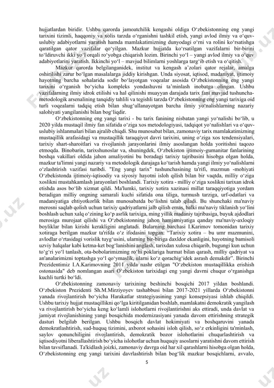 a asos bo‘lib xizmat qildi. ma'lumki, tarixiy xotira xazinasi millat taraqqiyotiga yordam beradigan milliy ongning samarali kuchi sifatida ona tiliga, turmush tarziga, urf-odatlari va madaniyatiga ehtiyotkorlik bilan munosabatda bo‘lishni talab qiladi. bu shunchaki ma'naviy merosni saqlab qolish uchun tarixiy qadriyatlarni jalb qilish emas, balki ma'naviy tiklanish yo‘lini boshlash uchun xalq o‘zining ko‘p asrlik tarixiga, ming yillik madaniy tajribasiga, buyuk ajdodlari merosiga murojaat qilishi va o‘zbekistonning jahon hamjamiyatiga qanday ma'naviy-axloqiy boyliklar bilan kirishi kerakligini anglatadi. bularning barchasi i.karimov tomonidan tarixiy xotiraga berilgan mazkur ta'rifda o‘z ifodasini topgan: “tarixiy xotira – bu umr mazmunini, avlodlar o‘rtasidagi vorislik tuyg‘usini, ularning bir-biriga daxldor ekanligini, hayotning bamisoli uzviy halqalar kabi ketma-ket bog‘lanishini anglash, tarixdan xulosa chiqarib, bugungi kun uchun to‘g‘ri yo‘l tanlash, ota-bobolarimizning ro‘hi poklariga hurmat bilan qarash, milliy qadriyat va an'analarimizni toptashga yo‘l qo‘ymaslik, ularni ko‘z qorachig‘idek asrash demakdir”. birinchi prezidentimiz i.a.karimovning 2011 yilda nashr etilgan "o‘zbekiston mustaqillikka erishish ostonasida" deb nomlangan asari o‘zbekiston …