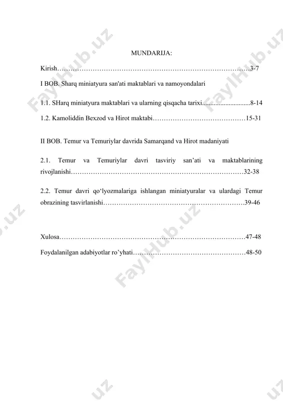 d miniatyura maktabi”, “hirot miniatyura maktabi”, "buxoro miniatyura maktabi", "boburiylar miniatyura maktabi" singari ushbu yo‘nalishdagi qator ijodiy maktablar vujudga kelgan. xv-xvii asrlarda markaziy osiyo tasviriy san’at maktablarida portret janri hamda tarixiy voqealar tasviri uzviy va izchil mavzuga aylanganligi kuzatiladi. masalan, buxoro miniatyurasiga e’tibor qaratilsa, asosan tabiat go‘zalliklariga oshuftalik tasvirlangan. xirotda esa odamlarning qiyofasini tasvirlash ommalashgan. bu xususda tarixiy manbalarda juda ko‘p ma’lumotlar keltirilgan. sharq miniatyurasi rivojida mashhur rassom kamoliddin behzodning xizmatlari nihoyatda katta bo‘lgan. o‘sha davrda xirot musavvirlik maktabi tengsiz, shuhrati juda baland edi. xirotda yashab, ijod qilgan ulug‘ mutafakkir alisher navoiyning mashhur "xamsa"siga kiritilgan turli g‘azal va dostonlar uchun ishlangan miniatyuralarda o‘sha davrning bu sohada erishgan yutuqlarini, musavvirlarning qalb ko‘rini, mahoratini anglash mumkin. darhaqiqat, miniatyuralardan biz tariximizni, o‘zligimizni anglaymiz. shu sababdan miniatyuralar nafaqat san’at asari, balki o‘z davrining ijtimoiy-siyosiy voqeliklarini aks ettiruvchi manba sifatida ham ahamiyatlidir. mavzuning o‘rganilishi mustaqilligimiz sharofati bilan o`zbek xalqi o`zligini taniy boshladi. uning boy tarixi, …