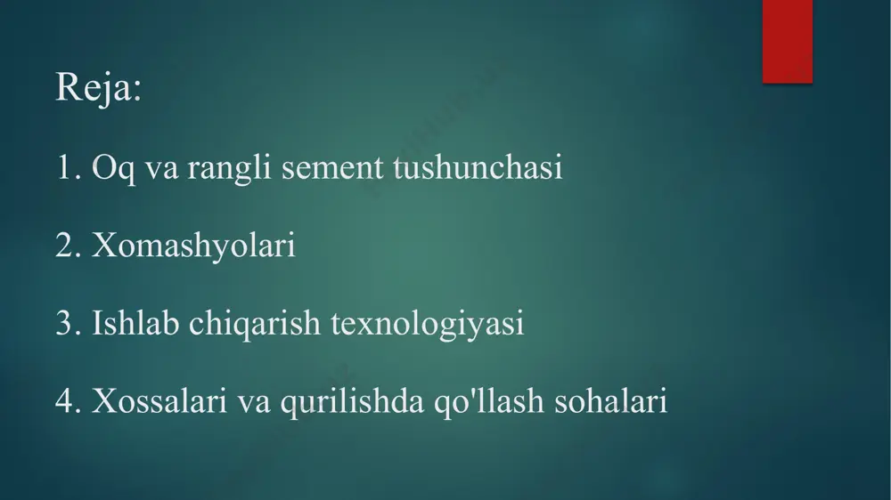 nologiyasi oq sement ishlab chiqarish: xomashyo tayyorlash: kam temirli ohaktosh va kaolin aralashtiriladi. maydalash: aralashma mayda kukun holiga keltiriladi. pishirish: aralashma aylanma pechda yuqori haroratda (taxminan 1450°c) pishiriladi. sovutish: hosil bo'lgan klinker tezda sovutiladi. maydalash: klinker gips bilan birga maydalanadi.​ rangli sement ishlab chiqarish: portlandsement tayyorlash: oddiy portlandsement ishlab chiqariladi. pigment qo'shish: tayyor sementga kerakli miqdorda pigmentlar qo'shiladi. aralashtirish: pigmentlar sement bilan bir hil aralashtiriladi.​ xossalari va qurilishda qo'llash sohalari oq sement: xossalari: yuqori oq rangga ega yaxshi mustahkamlikka ega silliq yuzaga ega​ qo'llanilishi: dekorativ beton buyumlar fasadlar arxitektura elementlari​ rangli sement: xossalari: turli ranglarga ega estetik ko'rinish beradi barqaror rang saqlanadi​ qo'llanilishi: bezakli panellar yo'l belgilari dekorativ elementlar oq sement xossalari mustahkamlik 30 dan 45 mpa gacha (qattiqlashgan betonda 28 kunlik mustahkamlik). oq sementning mustahkamligi, asosan, uning tarkibidagi kimyoviy komponentlar va pishirish jarayoniga bog‘liq. 2. issiqlikka chidamlilik oq sement yuqori haroratga chidamli bo‘lib, 800-1000°c gacha haroratda mustahkamligini saqlaydi. 3. …