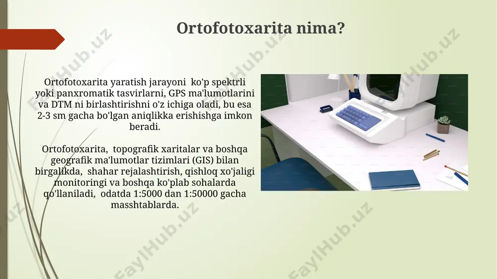 modulining ishlashini mobil qurilmalarga moslashtirish va bulut texnologiyalari yordamida 50 gb dan ortiq hajmdagi ma'lumotlar bilan ishlash imkoniyatini yaratish bo'yicha ishlar olib boriladi. kengaytirilgan hajmli ma'lumotlarni (point clouds) qayta ishlash algoritmlarini takomillashtirish, shu jumladan, 100 million balldan ortiq bulutlarni samarali qayta ishlashni ta'minlash rejalashtirilgan. ma'lumotlarni yig'ish usullari gps va imu sensorlaridan foydalanib, har bir suratning aniq koordinatalarini aniqlash orqali geometrik aniqlikni 5 sm dan kamroq darajada ta’minlash mumkin. ko‘p spektrli kameralar yordamida 4 dan ortiq spektral diapazonlarda ma’lumotlar yig‘ish orqali, ortofotoxaritaning yanada boy va tafsilotli bo‘lishiga erishish mumkin. ranglarni kalibrlash va tuzatish ranglarning noaniqliklarini tuzatish uchun "mozayka" moduli turli xil algoritmlarni, jumladan, atmosferaning ta'sirini hisobga oluvchi 3-bandli va multispektral tasvirlar uchun maxsus usullarni qo'llaydi. "mozayka" moduli ranglarni kalibrlashda avtomatik va qo'lda rejimlarni, shuningdek, 16 bitli rang chuqurligiga qadar qo'llab-quvvatlashni ta'minlaydi, bu esa yuqori aniqlikdagi ortofotoxaritalar yaratishga imkon beradi. e'tiboringiz uchun rahmat @taqdimot_robot image1.jpg image2.jpg image3.jpg image4.jpg image5.jpg image6.jpg image7.jpg image8.jpg …