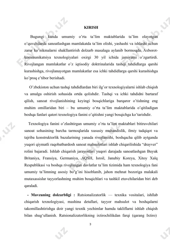 jihatdan tahlil qilish -vazifa- 1. mavzuga oid adabiyotlarni to`plash 2. to`plangan adabiyotlarni nazariy va amaliy jihatdan o`rganish 3. o`rganilgan ma`lumotlar asosida umumiy xulosalar chiqarish -obyekti- umumiy o`rta ta`lim maktablarining texnologiya darsi o’tiladigan sinf o’quvchilari -predmeti- texnologiya darslarida ixtirochilik va ratsionalizatsiyaga o`rgatish jarayoni -tuzilishi- kirish qism, 3 bob, 6 bo`lim, xulosa va foydalanilgan adabiyotlar ro`yxatidan iborat. 1. kashfiyot va ixtirolarning texnik taraqqiyotdagi o`rni 1.1 ixtiro tushunchasi va uning kashfiyotdan farqi ixtiro - bu xalq xo`jaligini barcha tarmoqlarida texnik yechimlari bilan ijobiy natijaga ega bo`lgan yangilik hisoblanadi. kashfiyot - ob’yektiv borliqni xossalari, hodisa va qonuniy bog`liqliklar aniqlanadi, ixtiro bu oldin bo`lmagan texnik vazifalarni yechishga qaratilgan. kashfiyot va ixtiro o`rtasida dialektik o`zaro bog`liqlik bor. ko`p hollarda ixtiro kashfiyot natijasida olingan ilmiy bilimlarni rivojlantiradi. masalan: n.g.basov, a.m.proxorov va tomsonlarning kvant jarayonining qo`llashga asoslangan elektromagnit to`lqinlarni ko`paytirish bo`yicha qilgan kashfiyotlari xalq xo`jaligida amaliy ahamiyatga ega bo`lgan ko`p ixtirolarni yaratishga sabab bo`ladi . ilmiy- texnik hamda …